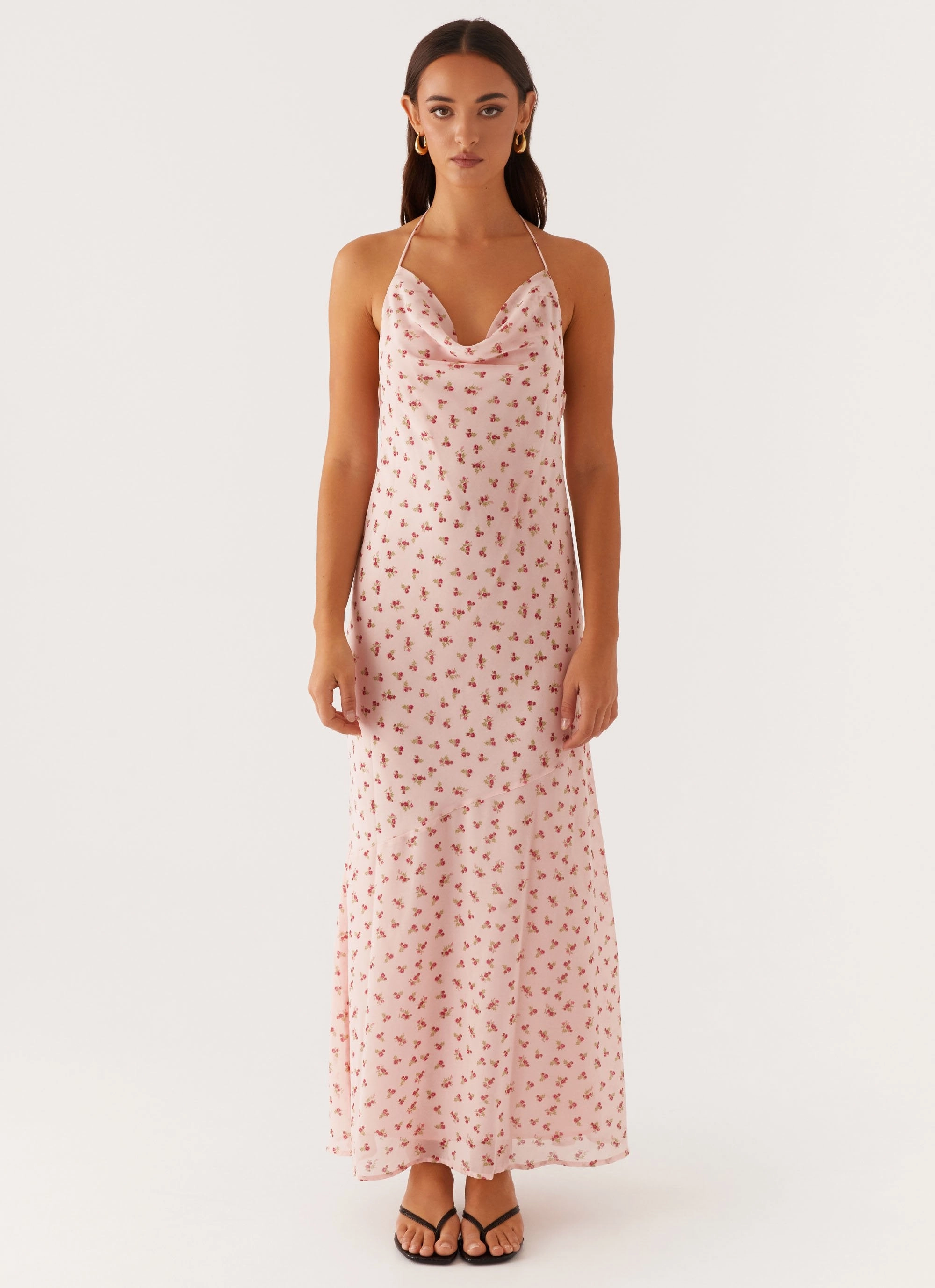 Chic and Stylish Alianna Cowl Neck Mesh Maxi Dress - Pink Flower