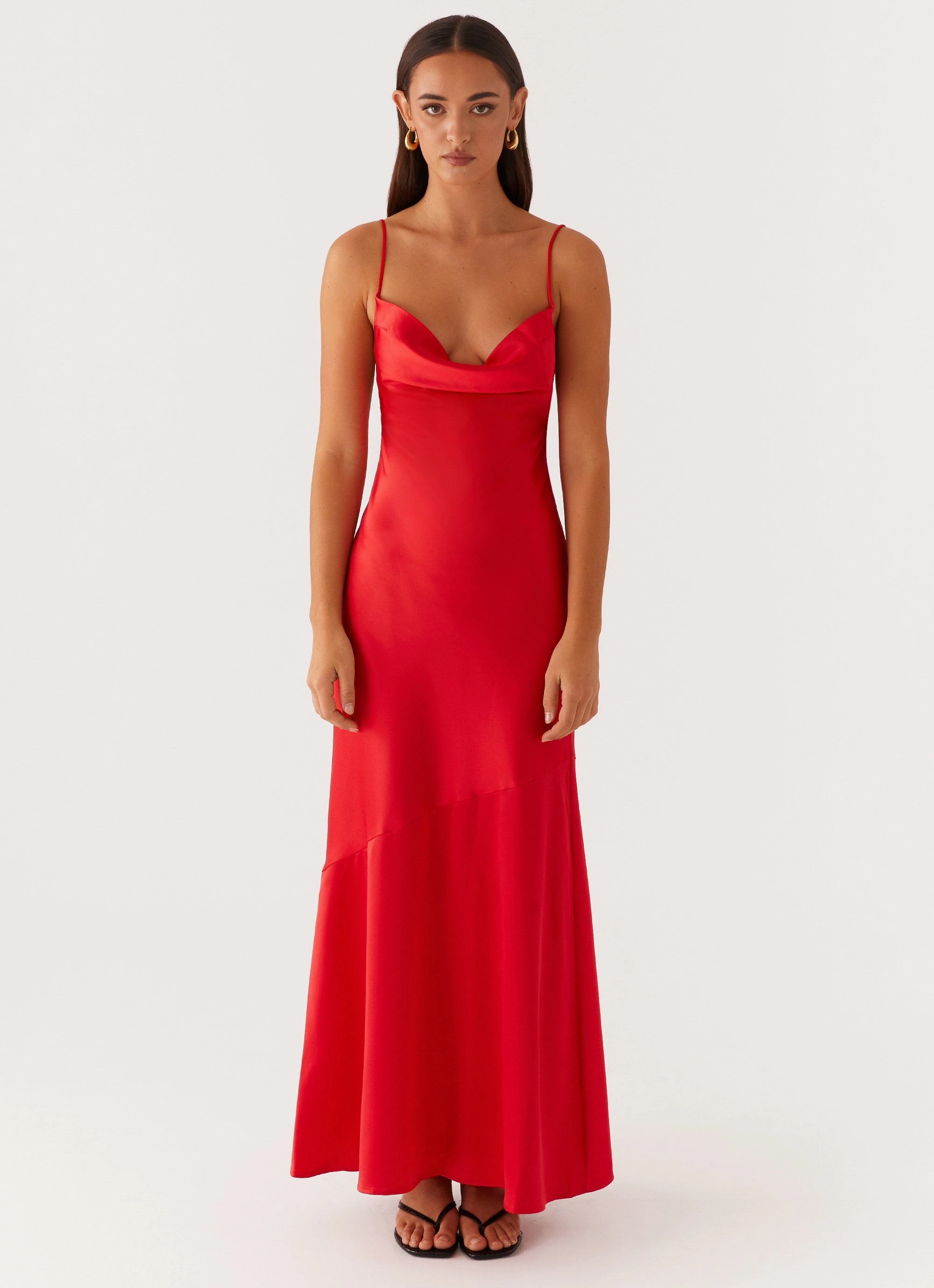Comfy Look Dark Tones Alianna Cowl Neck Satin Maxi Dress - Red