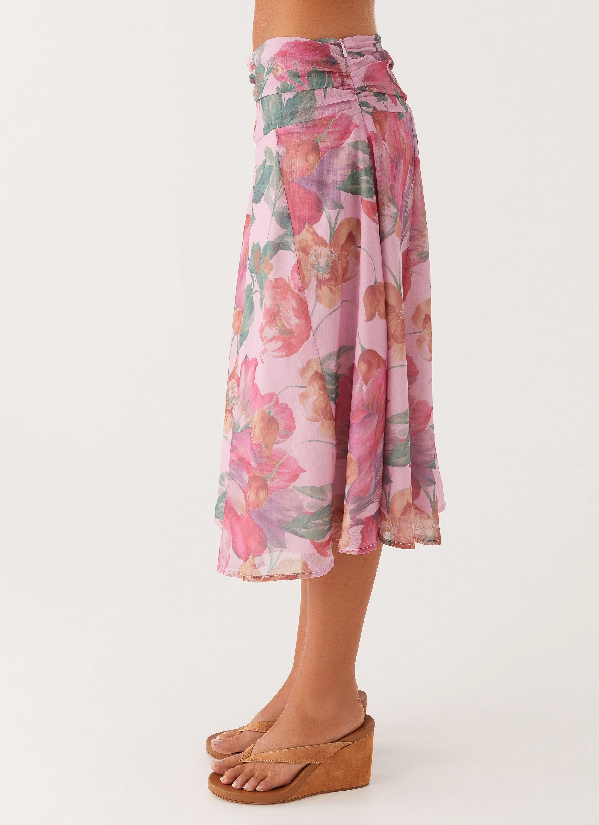 Chic Fit Minimalist Trim Valley Midi Skirt - Pink Floral