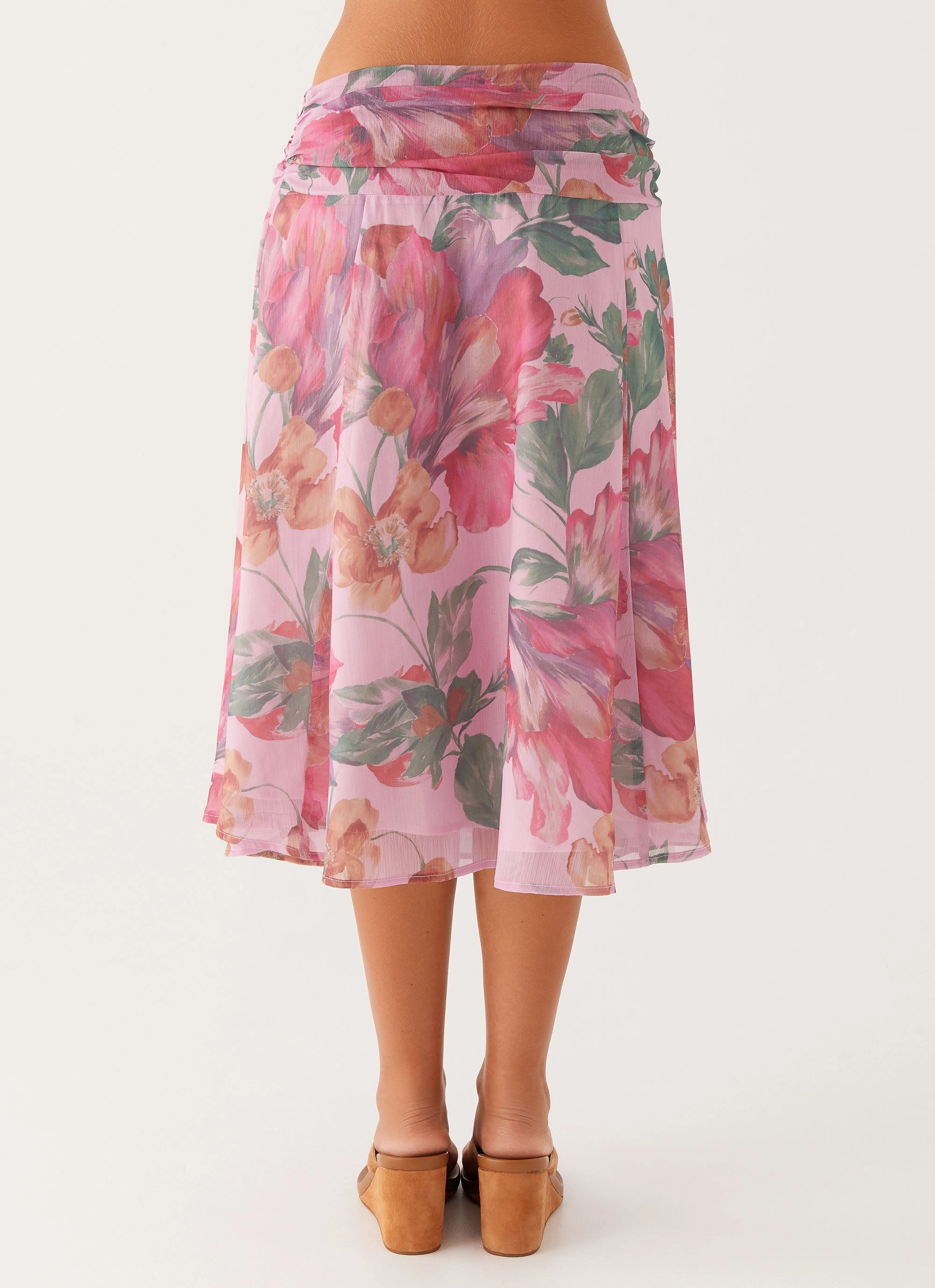 Valley Midi Skirt - Pink Floral Fall Favorite Elastic hem
