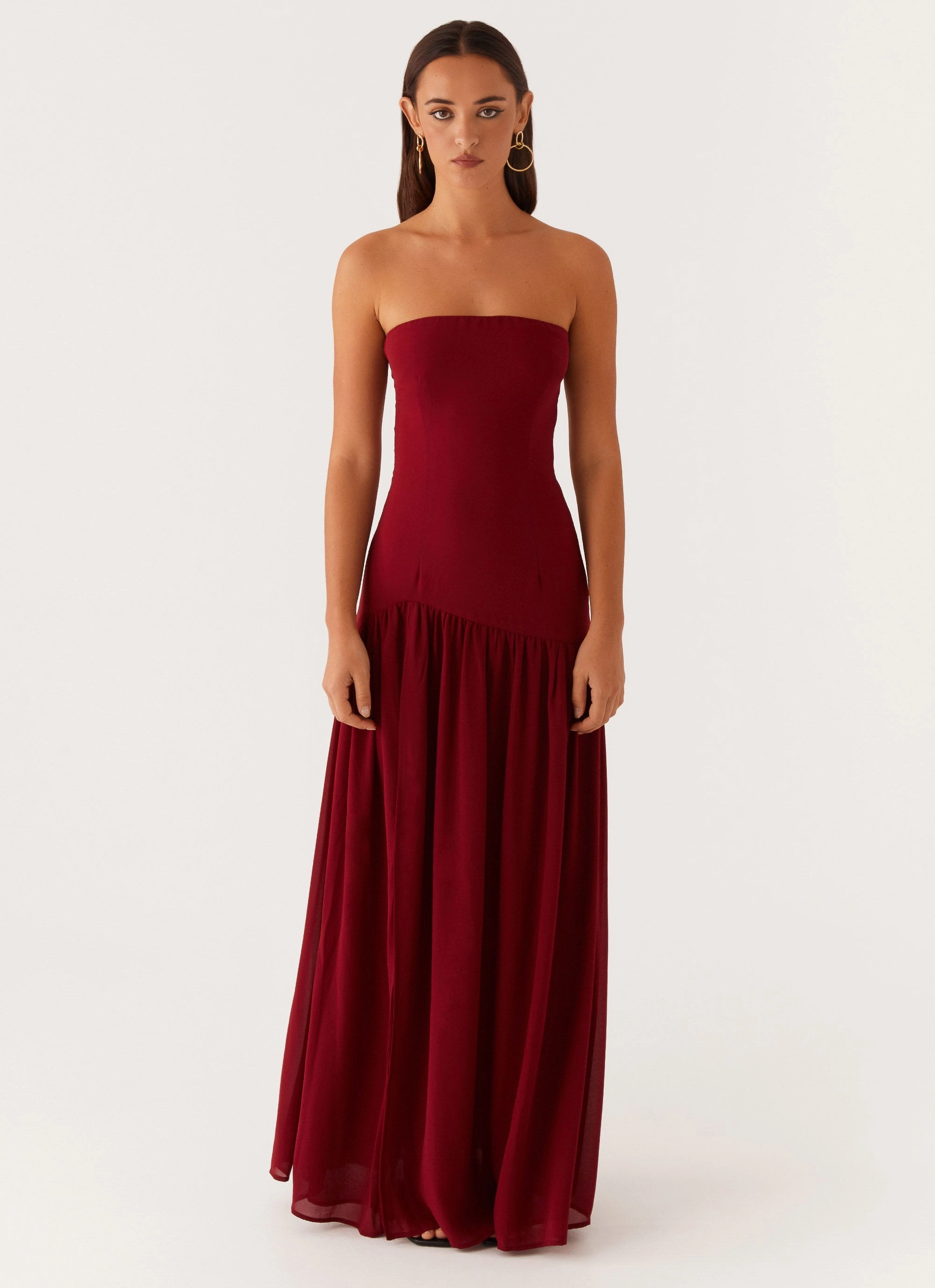 Eden Strapless Maxi Dress - Maroon Feminine Vibe