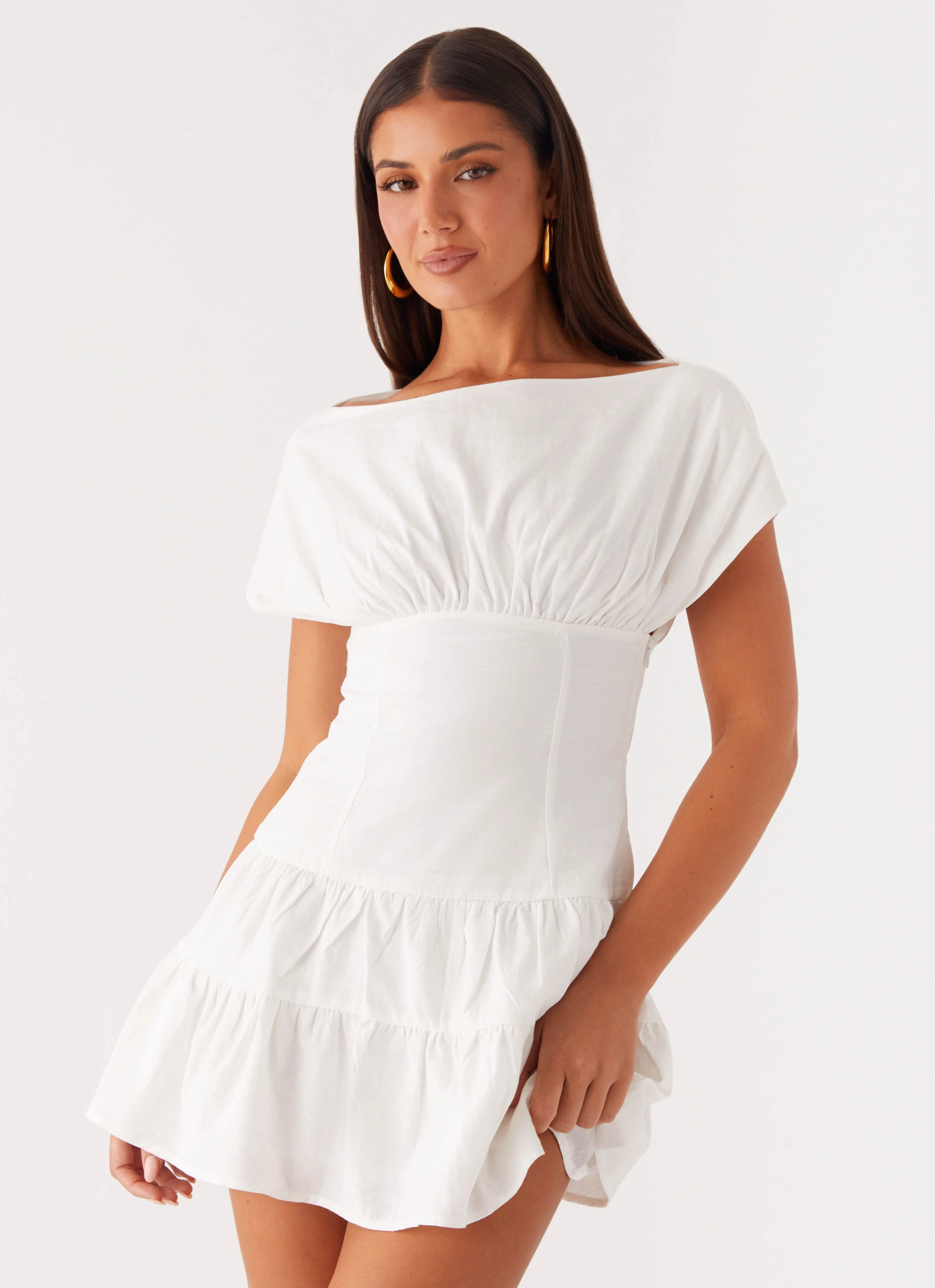 Ember Haze Boat Neck Mini Dress - Off White Elegant Outline