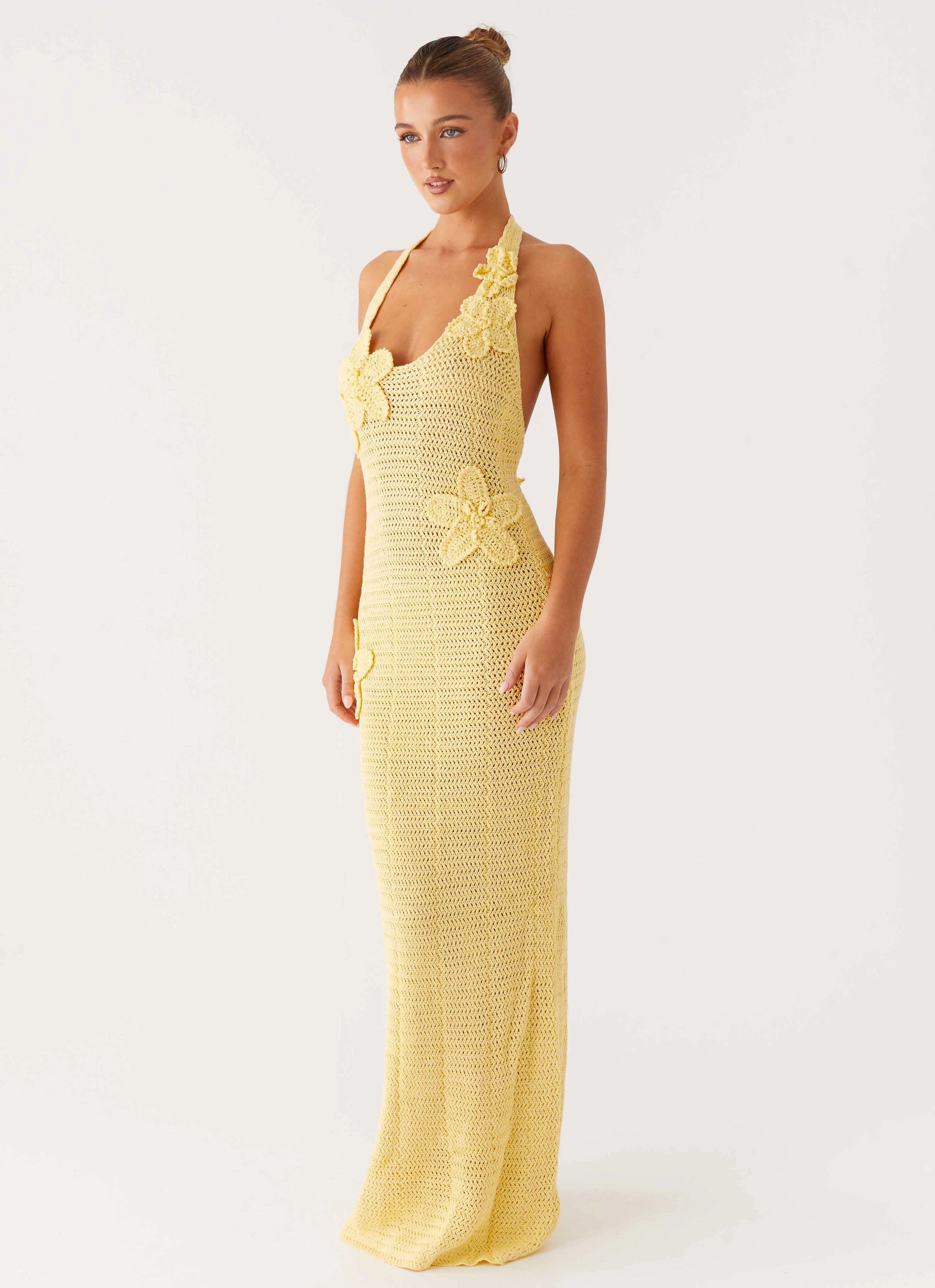 Relax Draping Fall Outfit Novalee Flower Crochet Maxi Dress - Yellow