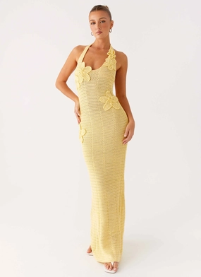 Mesh-Detail Stream Cut Novalee Flower Crochet Maxi Dress - Yellow