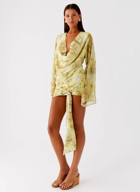 Lace-Sleeve travel mode Sorrel Long Sleeve Mini Dress - Yellow Tie Dye