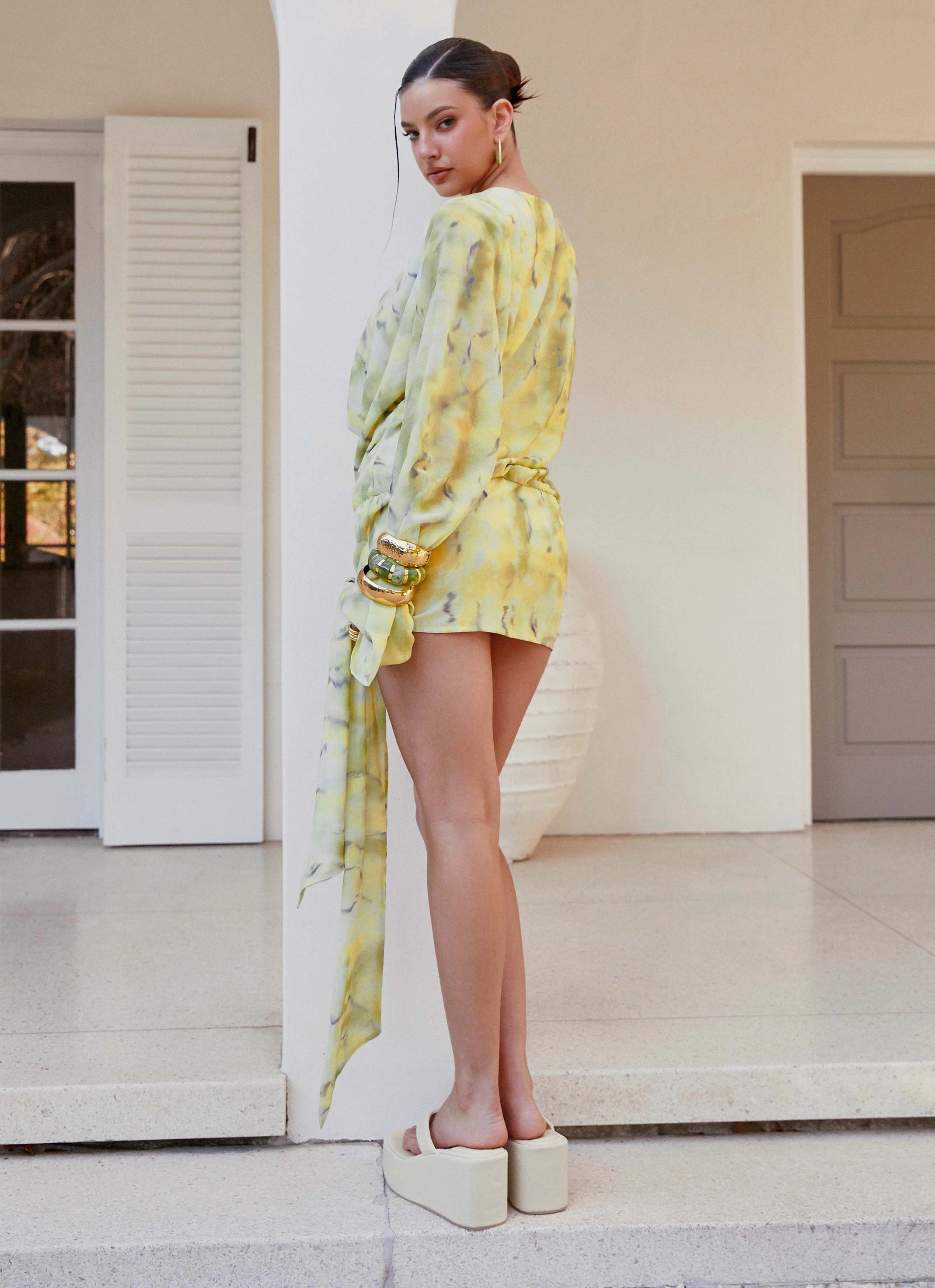 Birthday-Celebration Sorrel Long Sleeve Mini Dress - Yellow Tie Dye