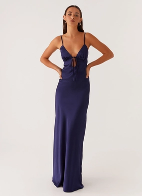 Timeless elegance Pleated design Flora Satin Maxi Dress - Navy