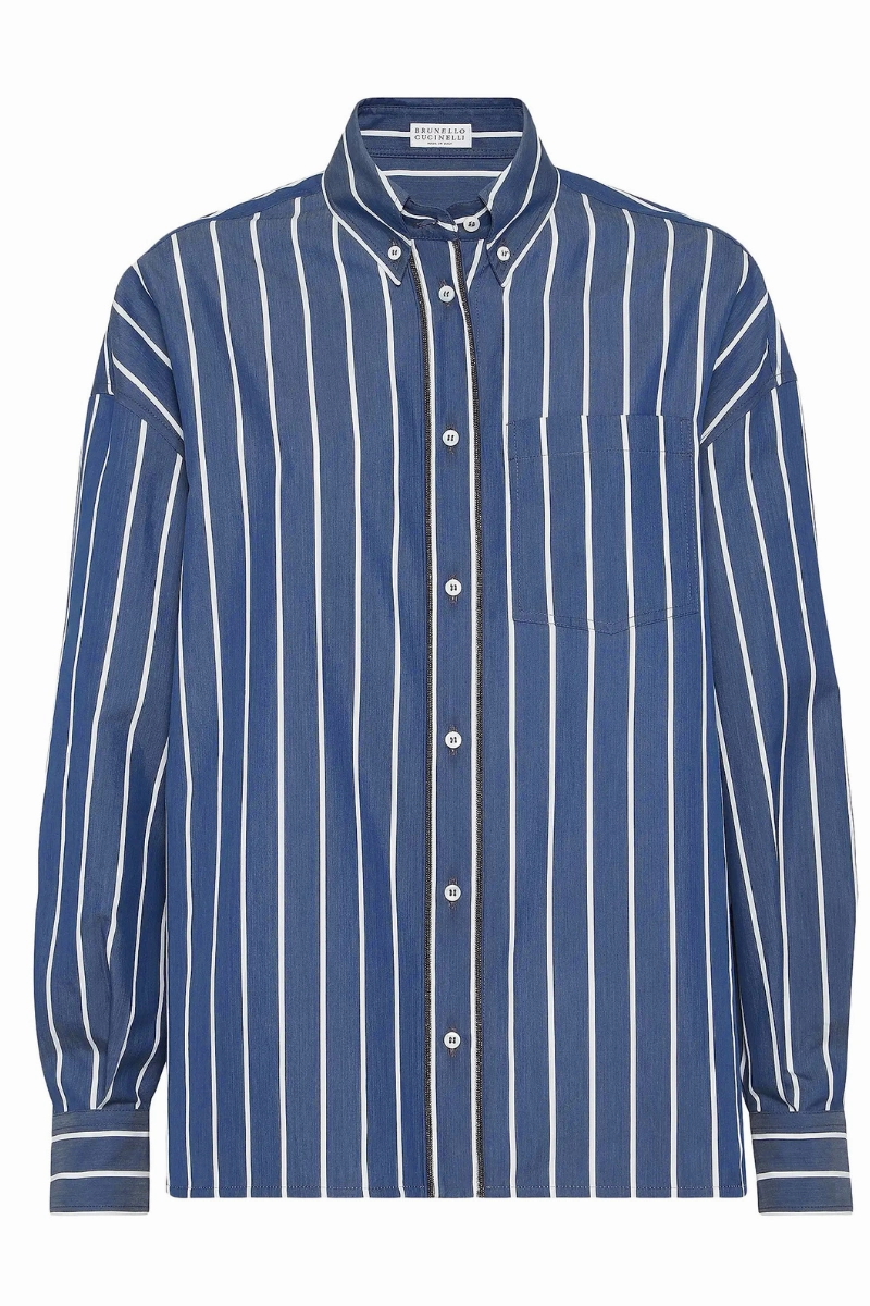 Striped Shiny Trim Poplin Shirt Designer Look Tear Resistant Reinforcement