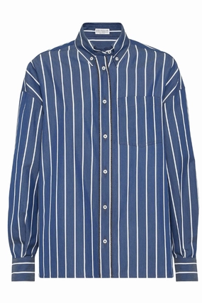 Striped Shiny Trim Poplin Shirt Designer Look Tear Resistant Reinforcement