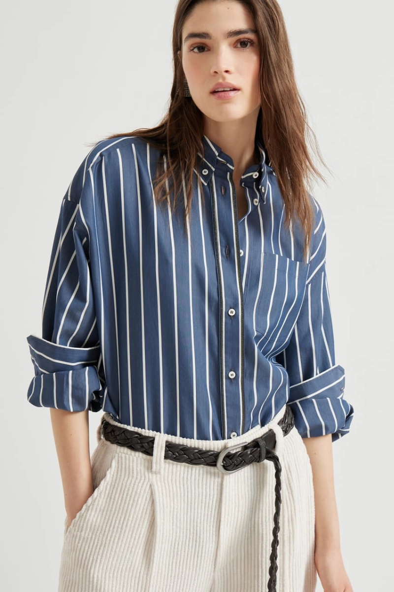 Striped Shiny Trim Poplin Shirt Layered Collar Anniversary Celebration