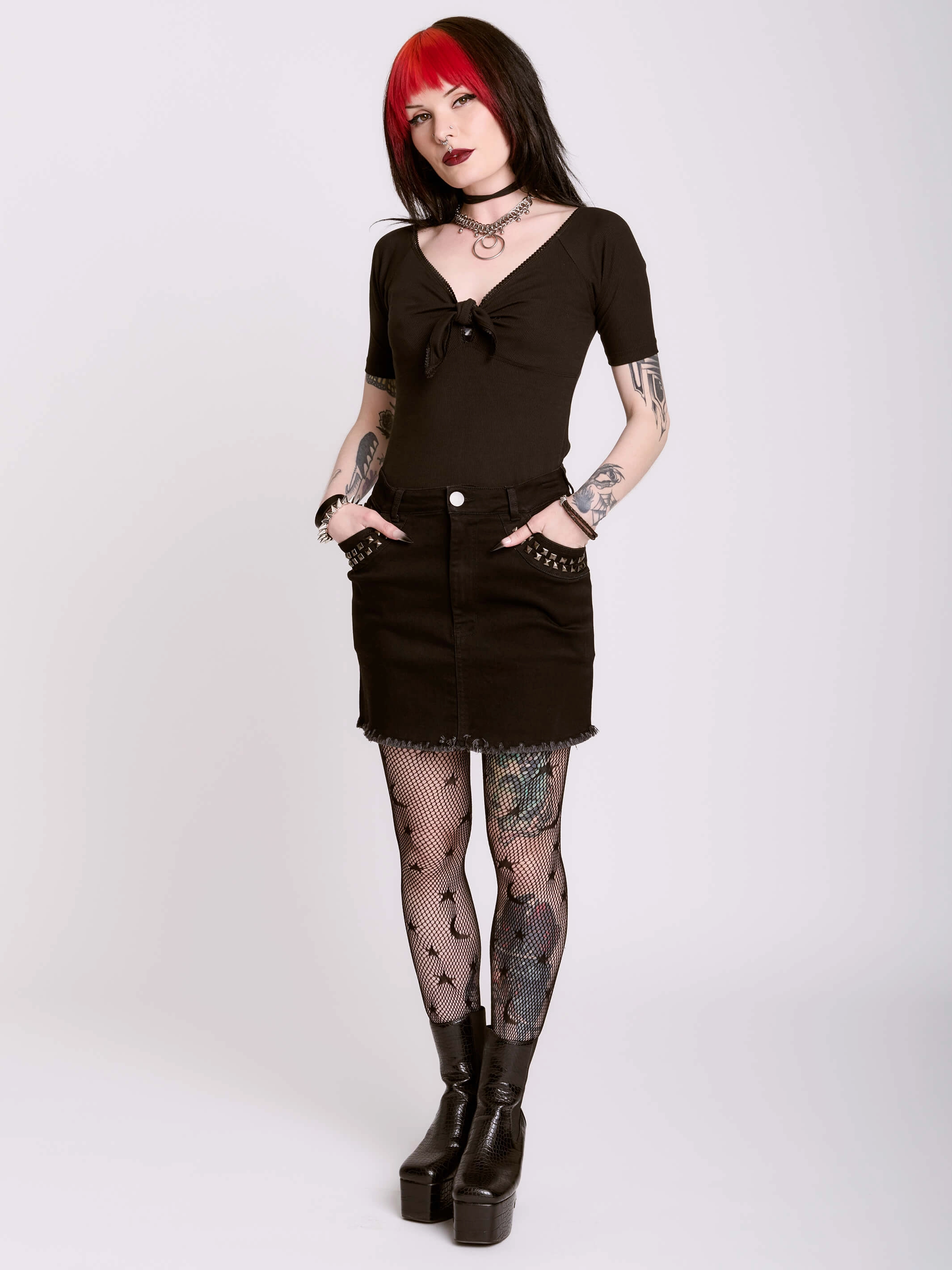 Studded Denim Skirt Slip Resistant Waist Polished Cut