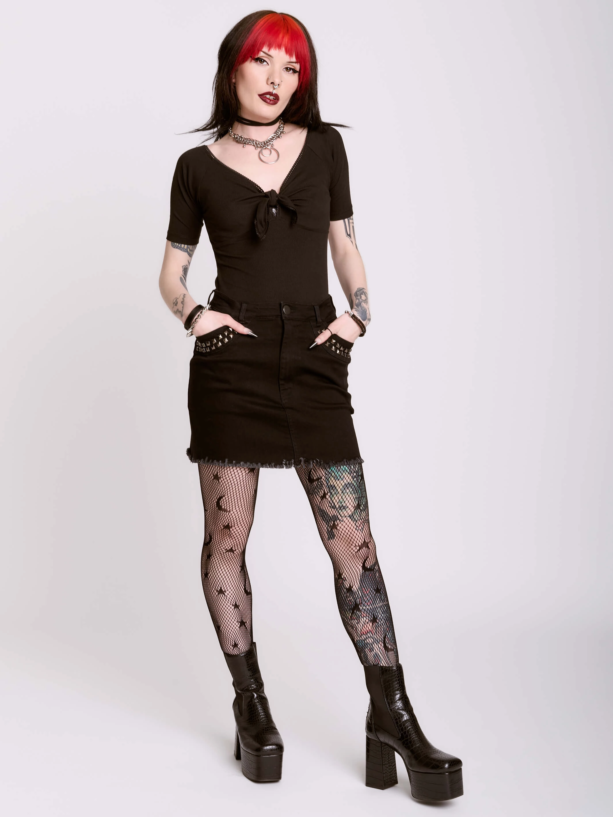 gentle style Reinforced Pockets Studded Denim Skirt