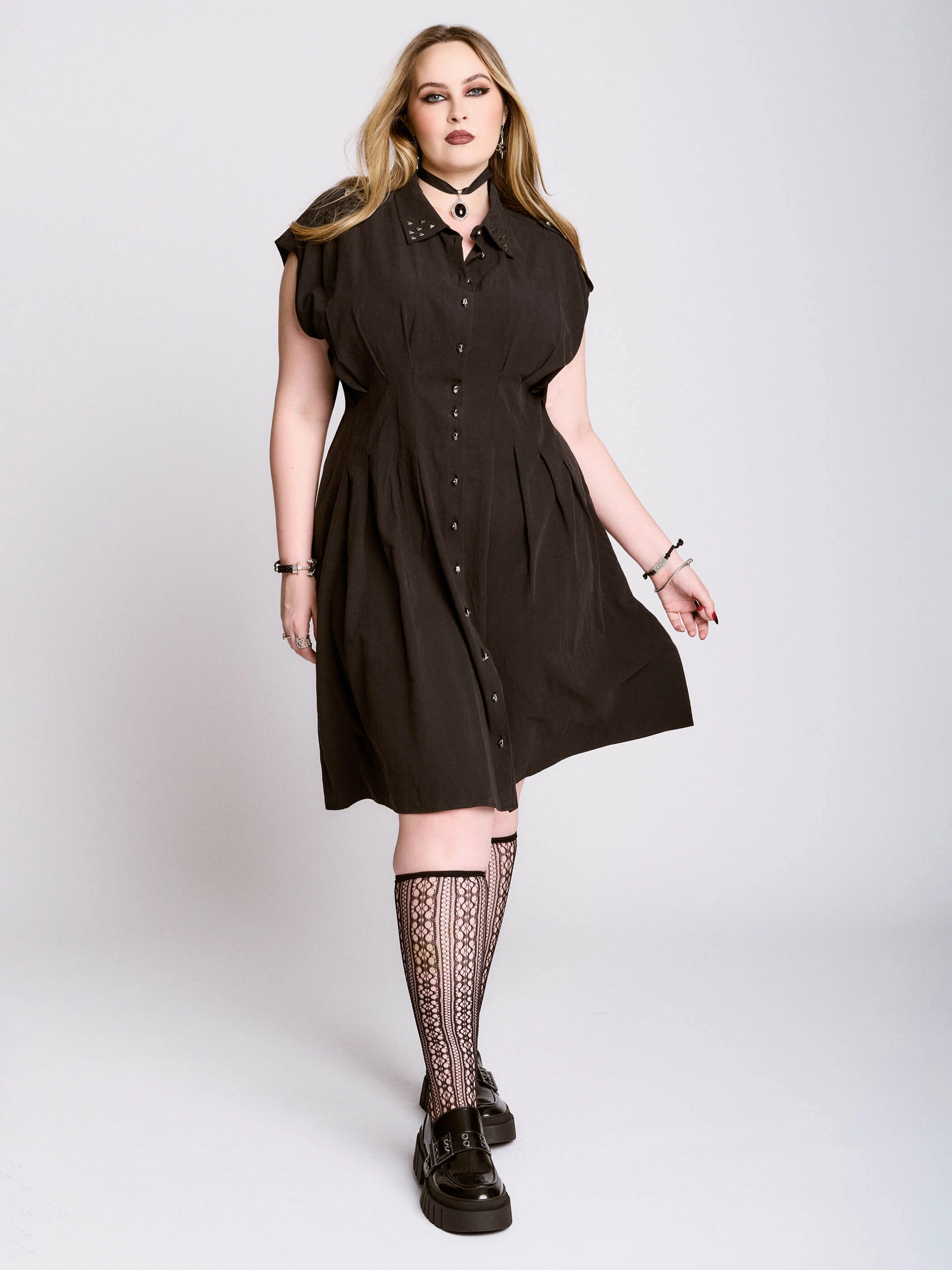 velvet feel Studded Skull Button Dress