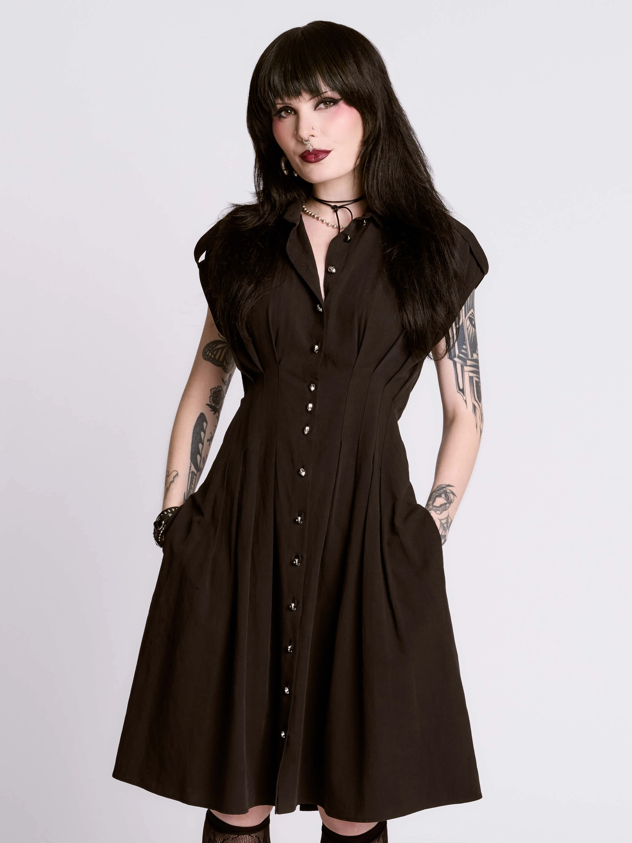 Studded Skull Button Dress Feminine Fit