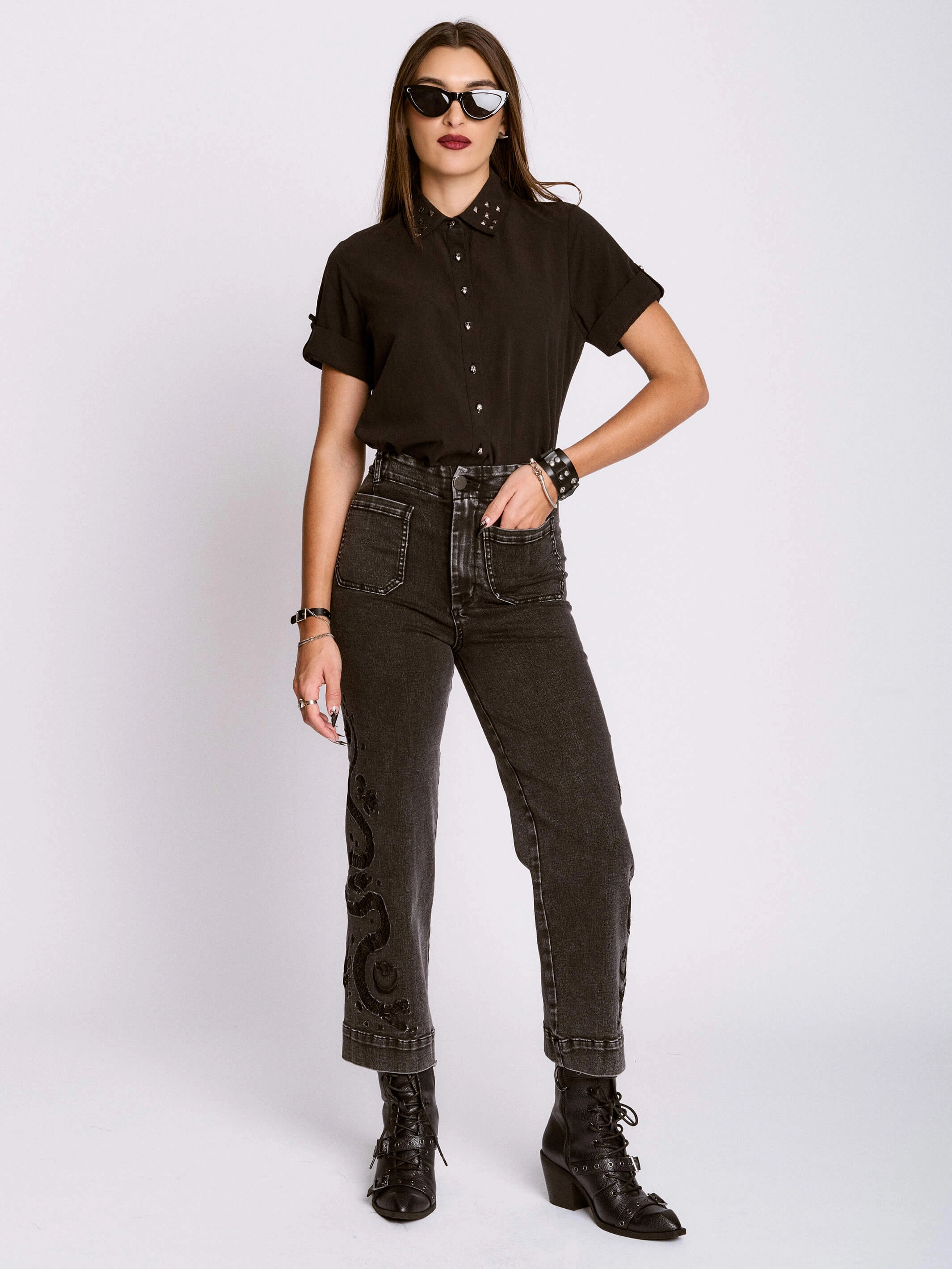 Ethically Sourced Material Studded Skull Button Shirt