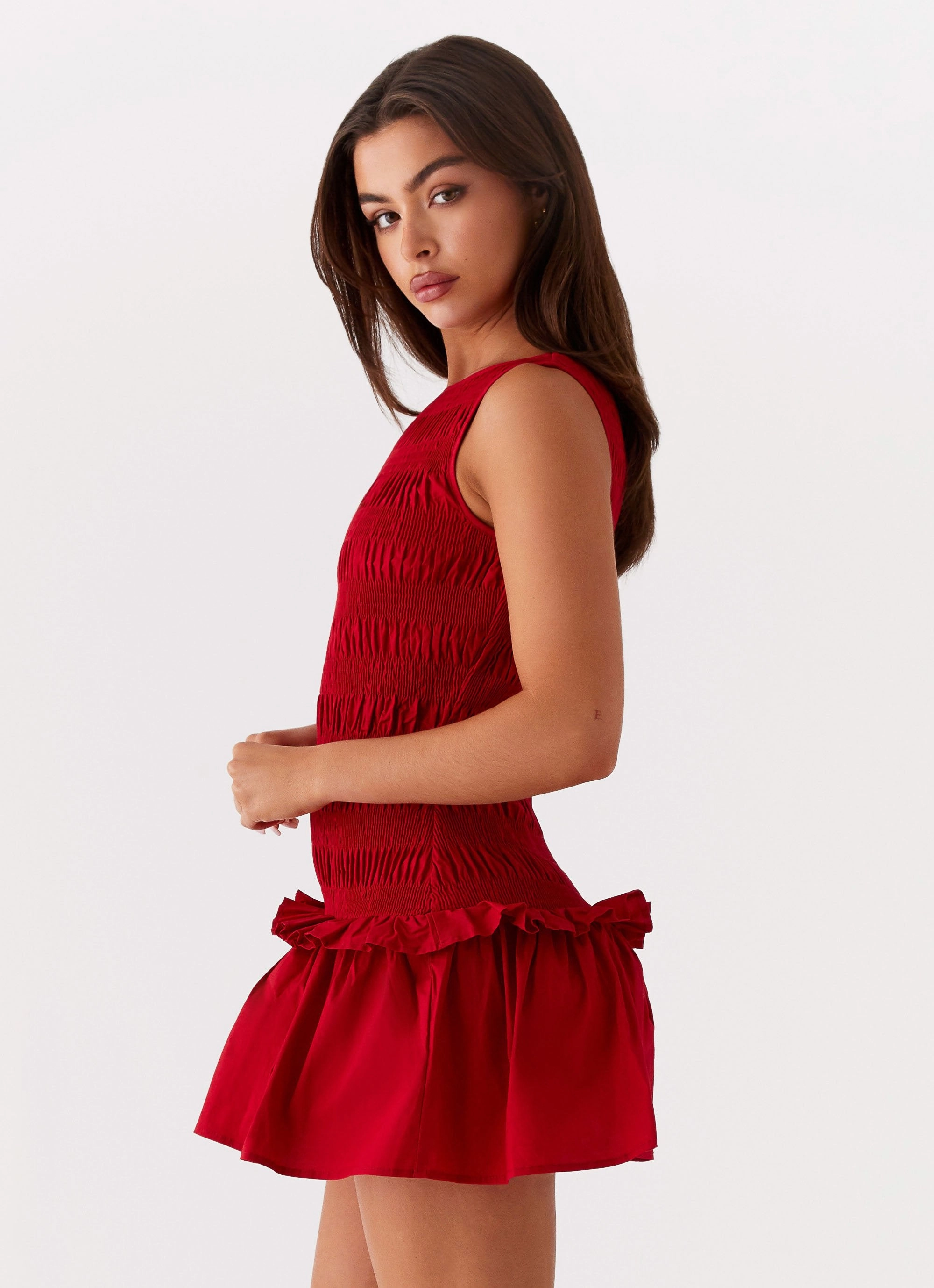 Garden Kisses Shirred Mini Dress - Red Sweetheart Cut