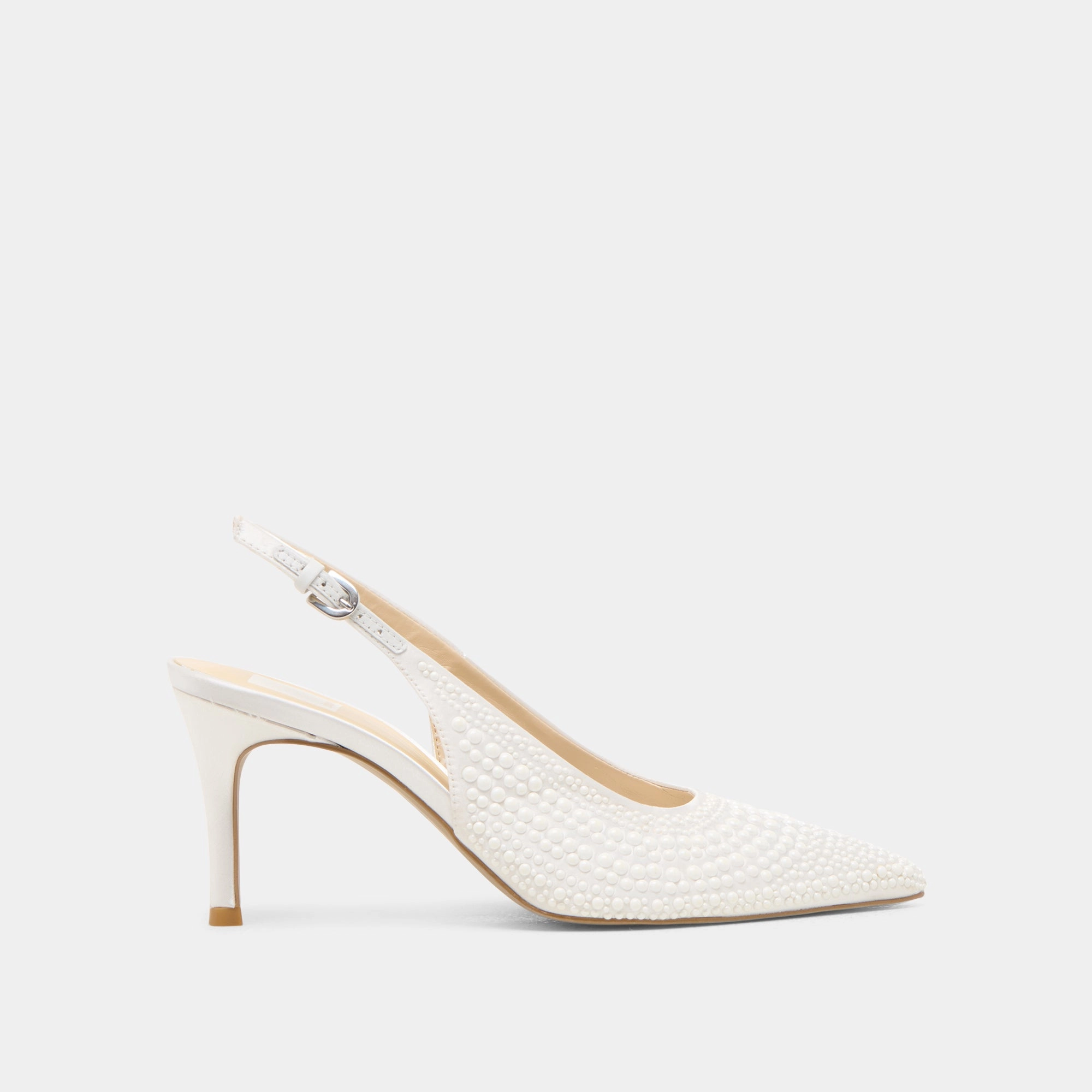 ELASI PEARL HEELS TRUE WHITE SATIN Sleek Profile