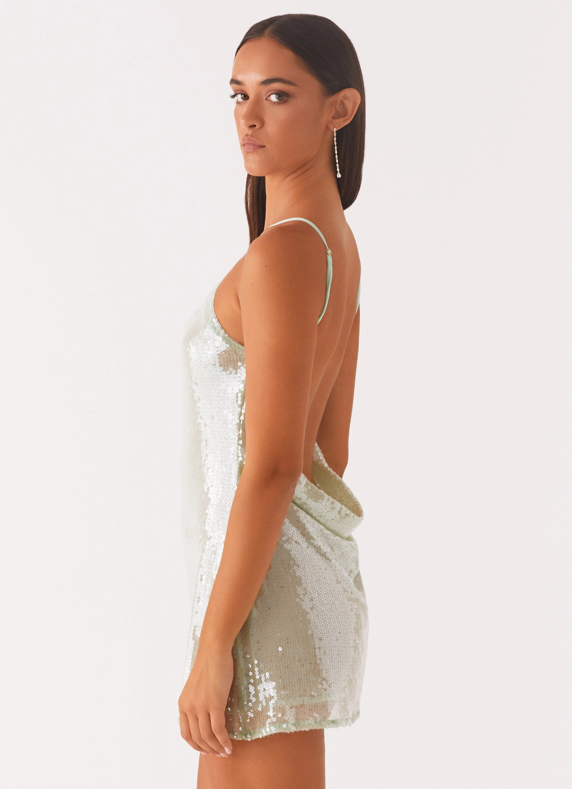 Fitted Look Soft Waist Radiant Energy Cowl Back Mini Dress - Mint