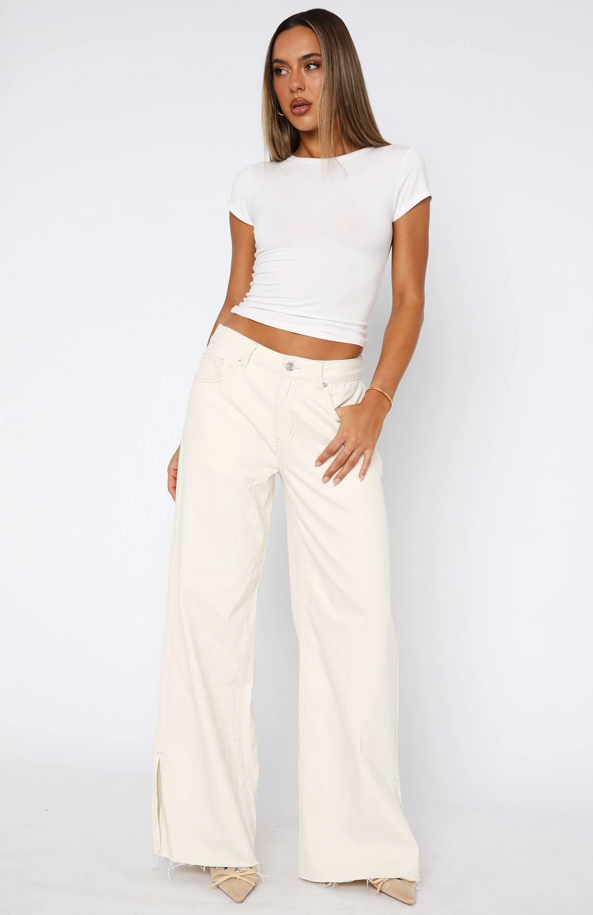 Sunny Vibes Teen Outfit Summer Vibes Summer Mid Rise Wide Leg Jeans Cream