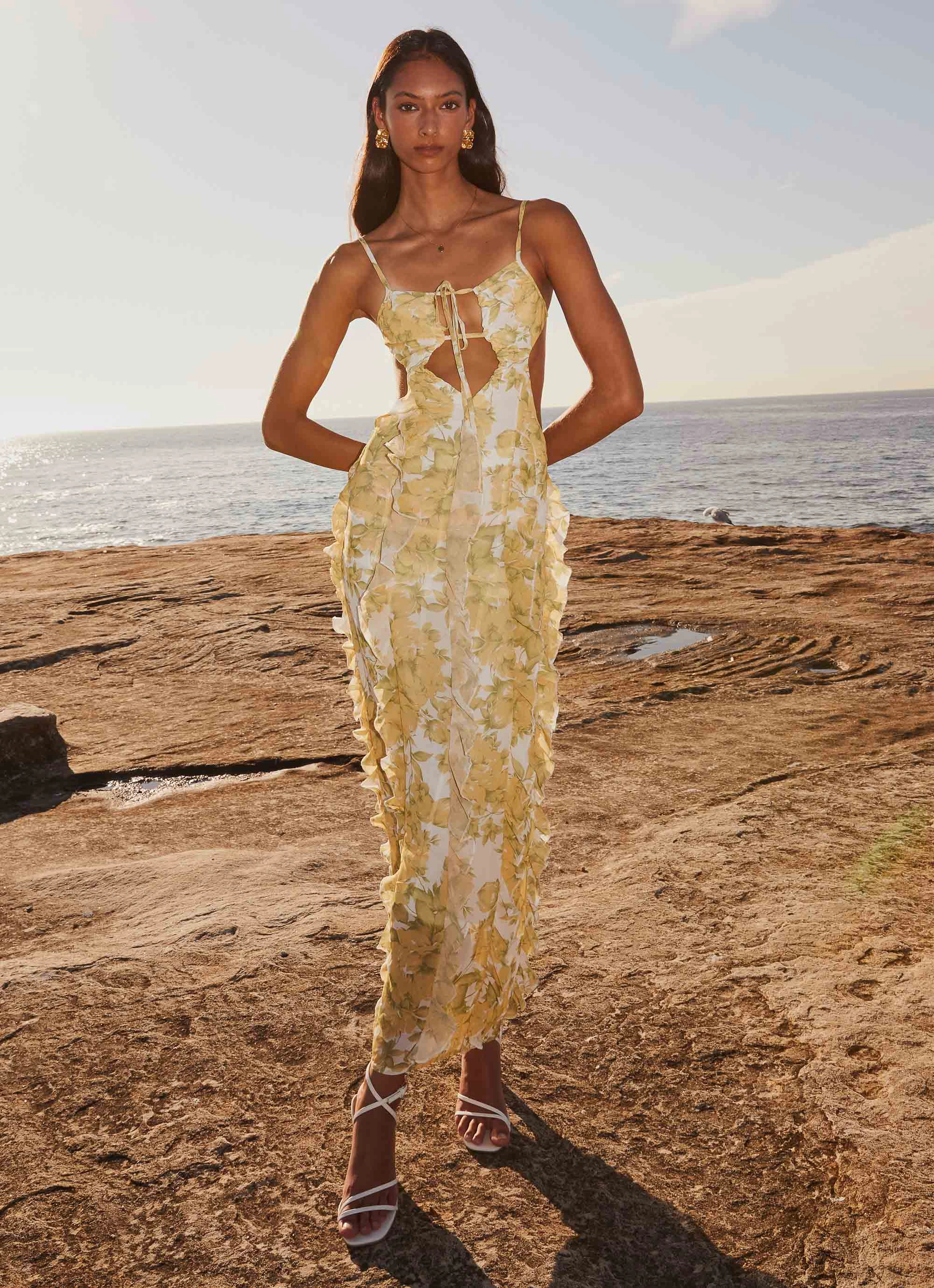 Light Soft Floral Comfort Sunset Kisses Ruffle Maxi Dress - Daffodil
