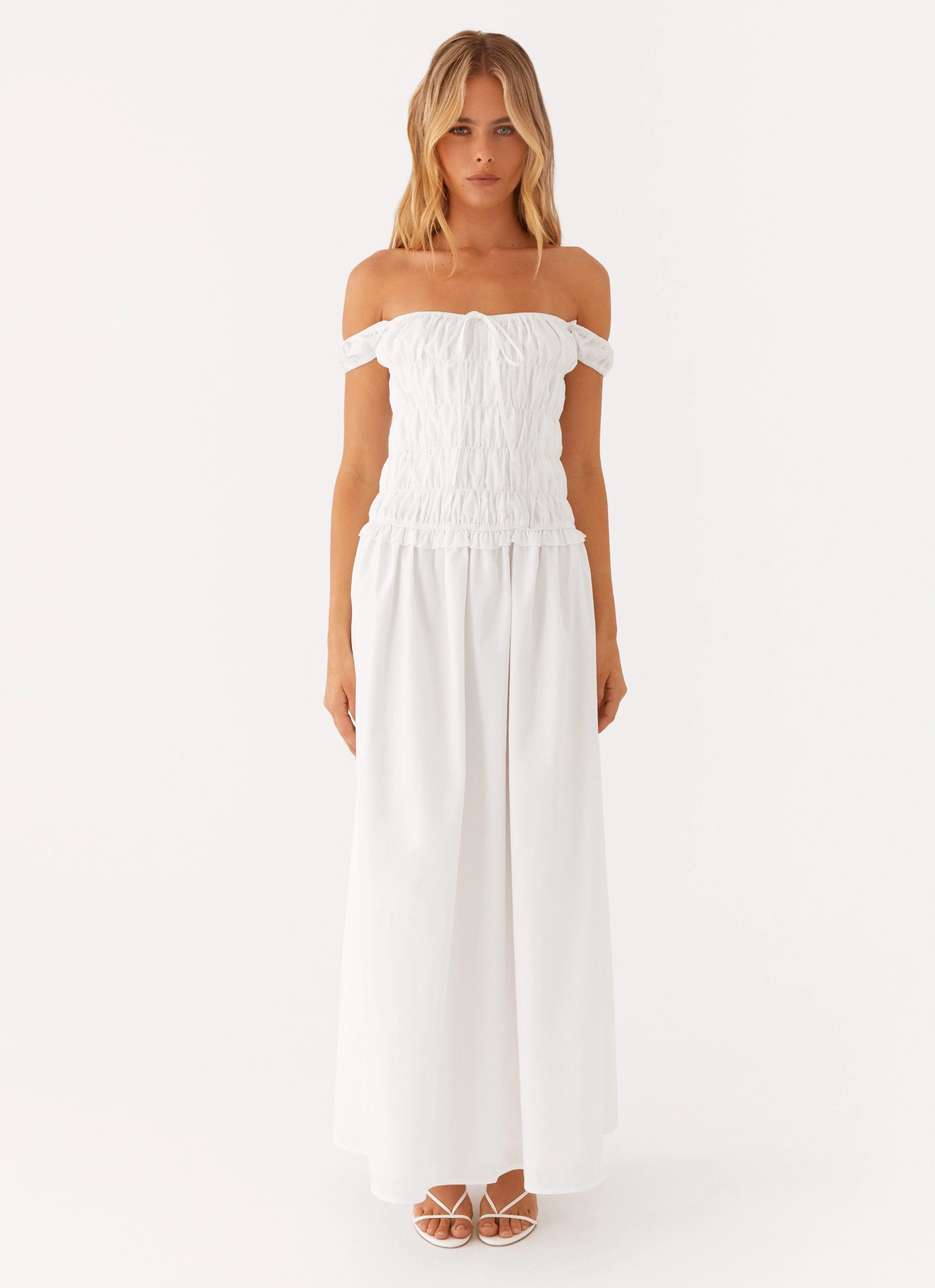 Countryside Off Shoulder Maxi Dress - Ivory Smooth Drape