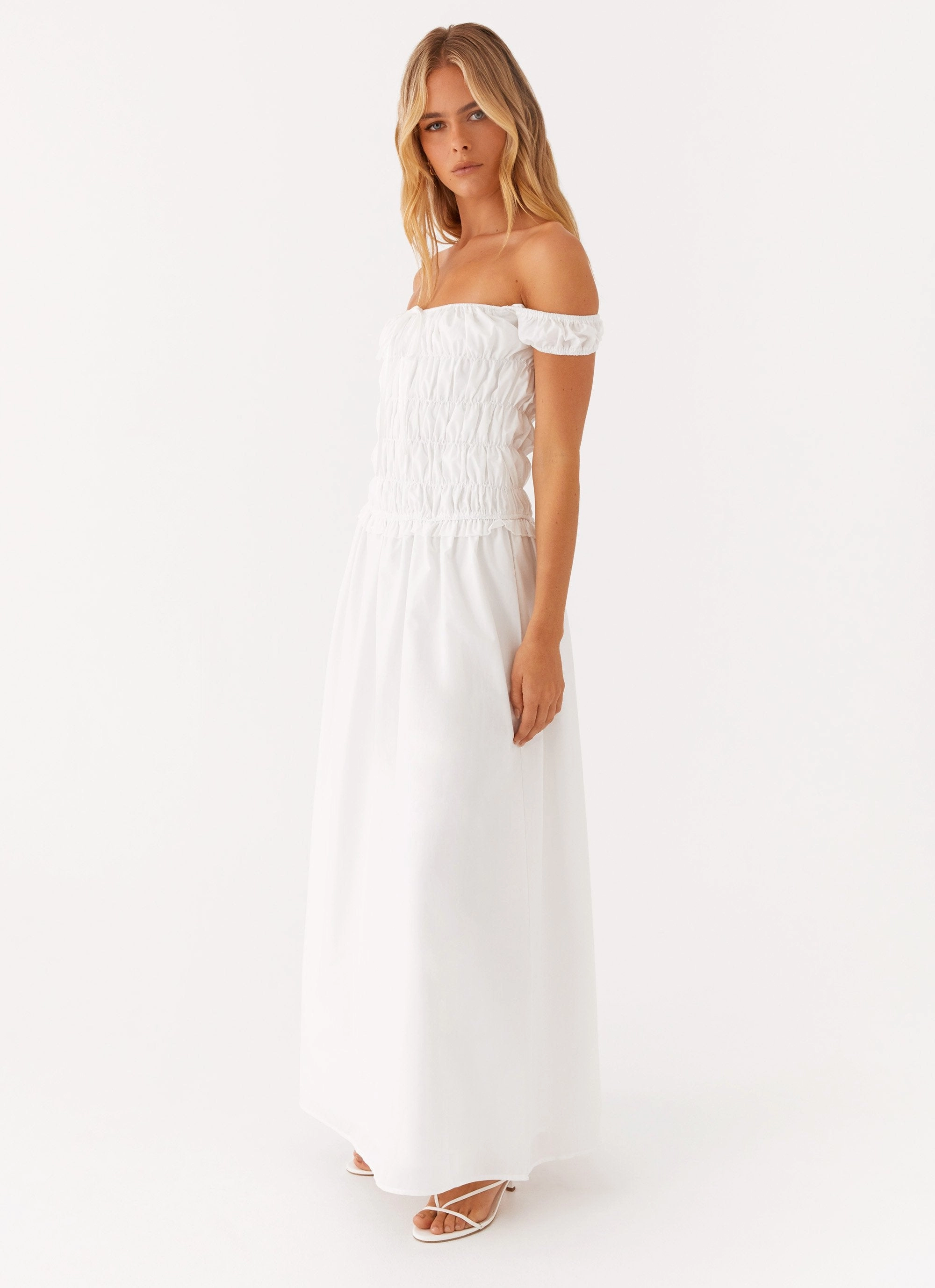 Countryside Off Shoulder Maxi Dress - Ivory Unique Cut Effortless Waist Design