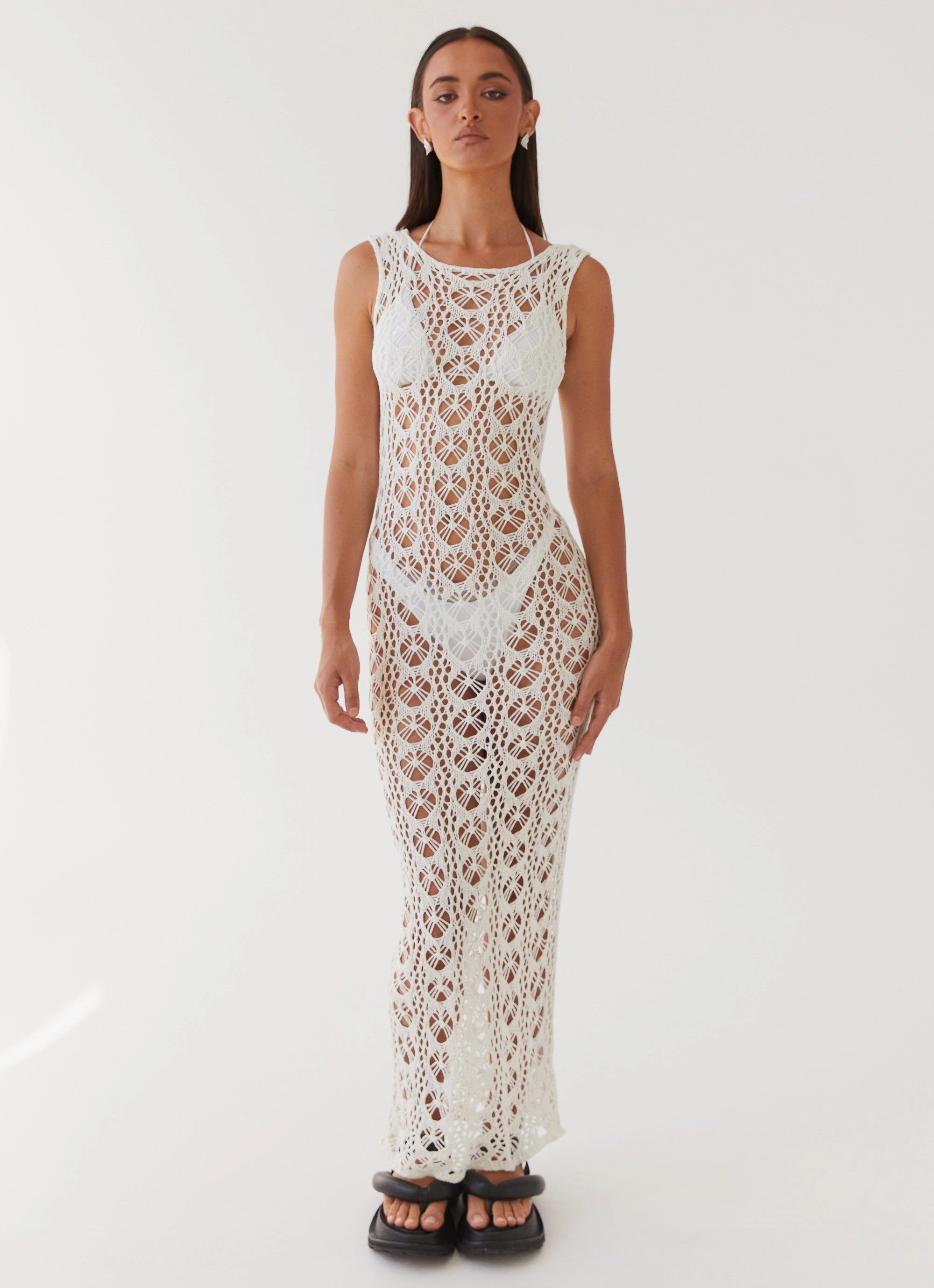 Tarlisa Crochet Maxi Dress - Cream Satin-Sleeve
