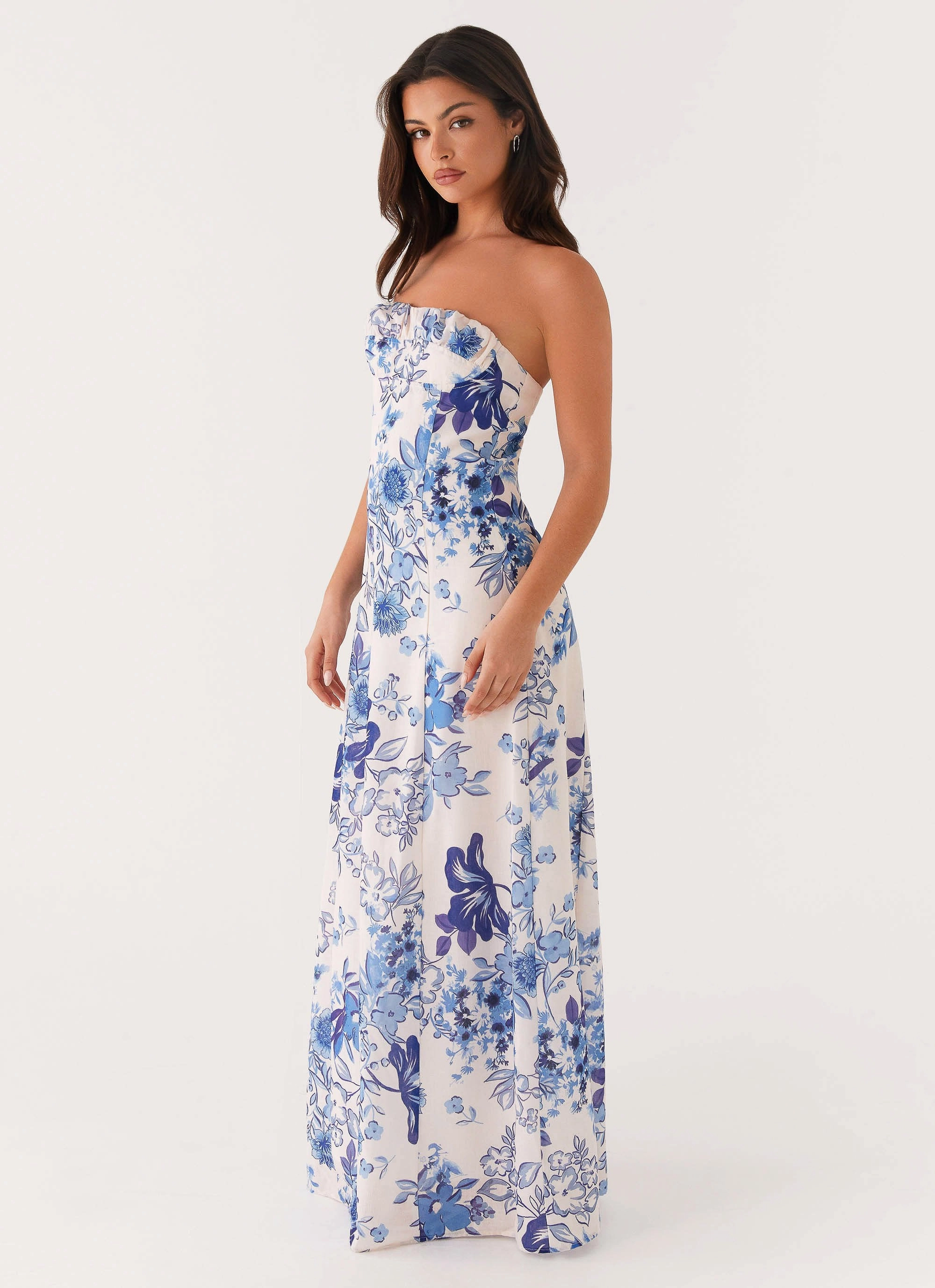 Modern-style Dance Night Tayla Linen Maxi Dress - Serene Sky Floral