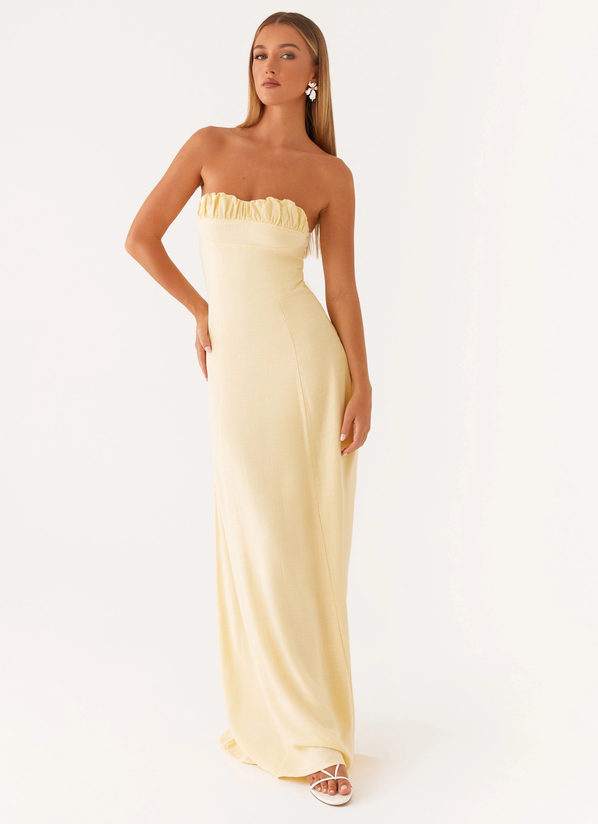 Tayla Linen Maxi Dress - Yellow Light Fabrication Tailored Elegance