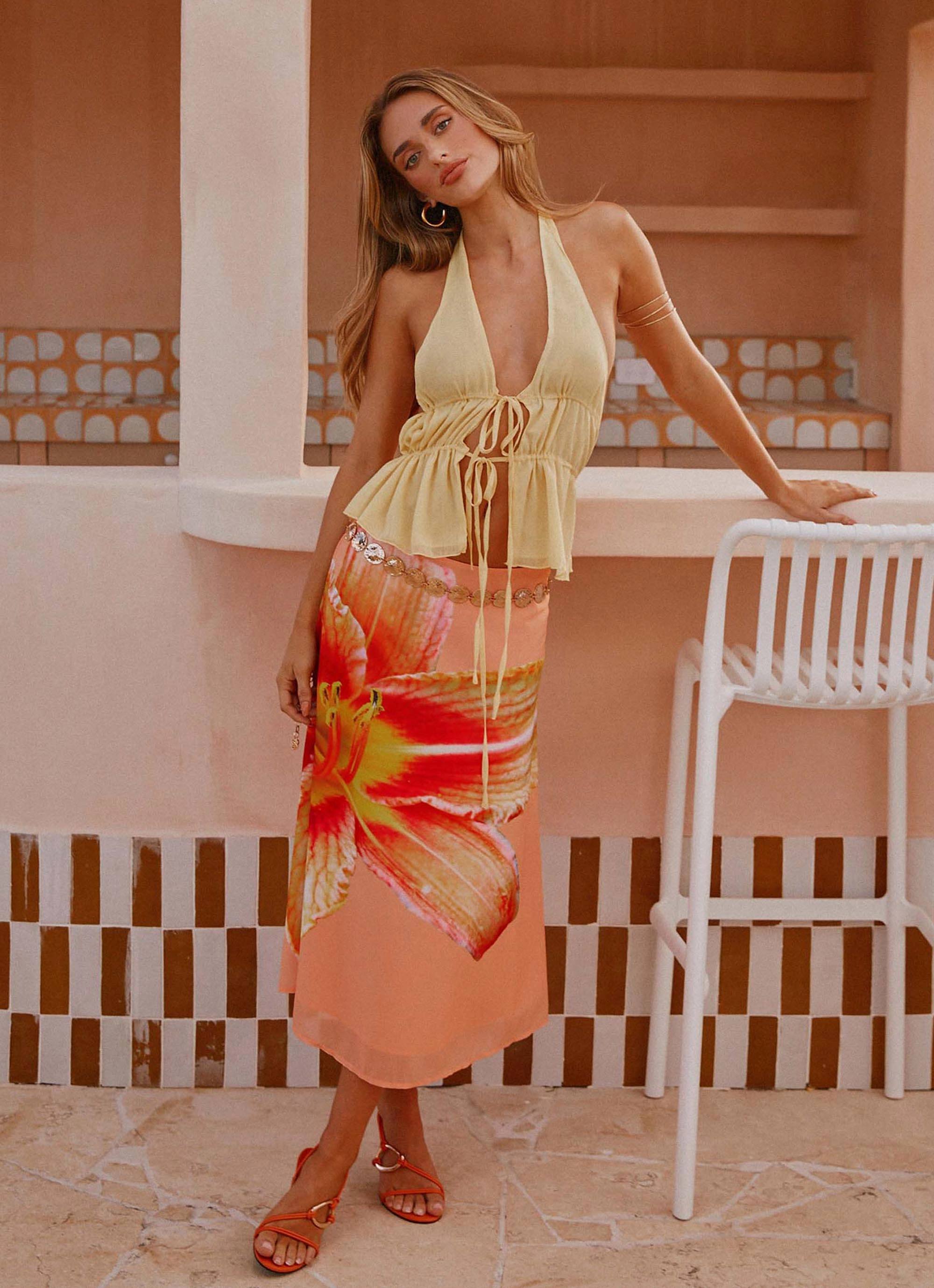 Summertime Midi Skirt - Orange Floral Fade Resistant Cloth Season To Season