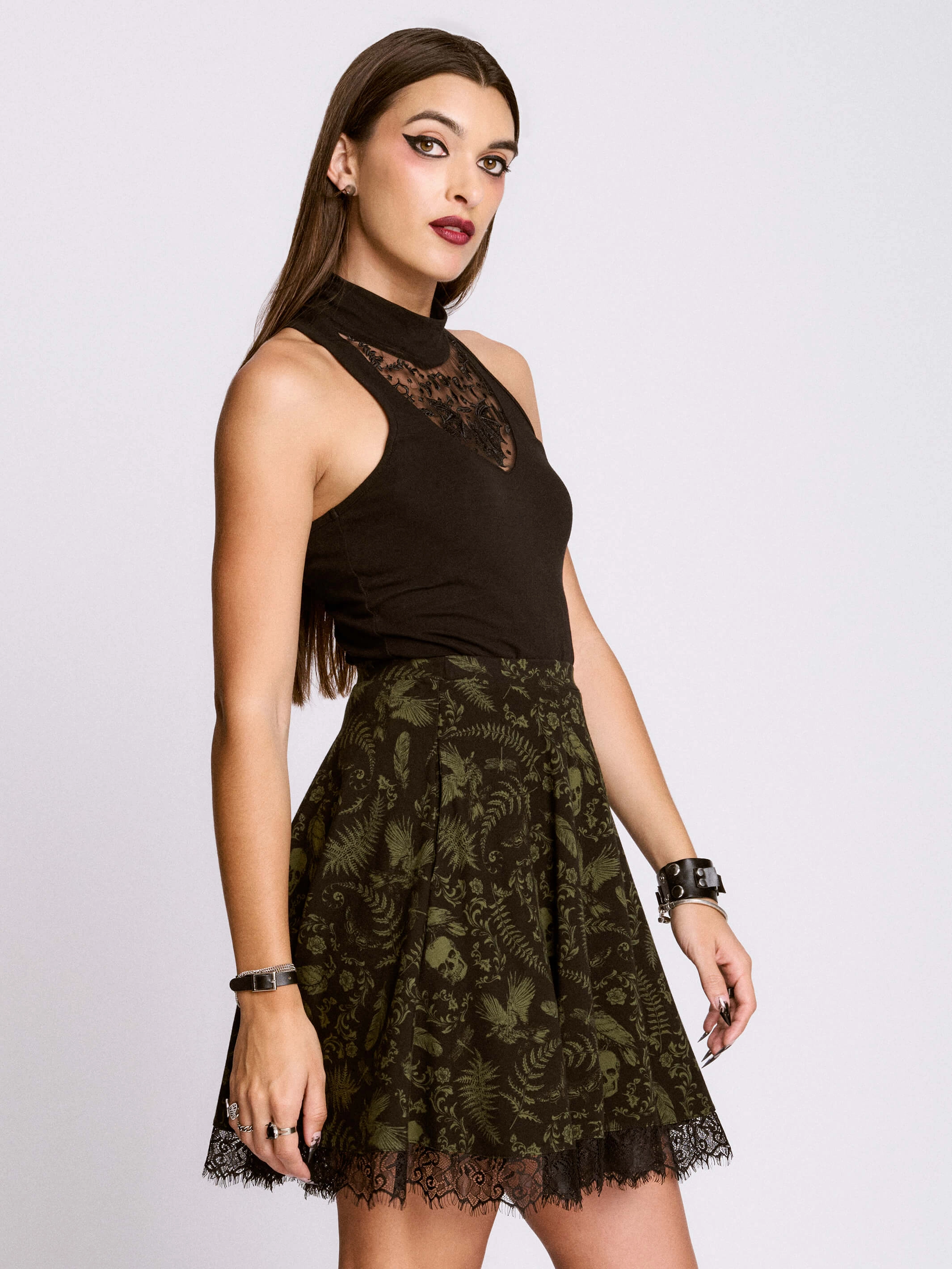 Stretch woven Double Layered Collar Bat Embroidered Mock Neck Tank