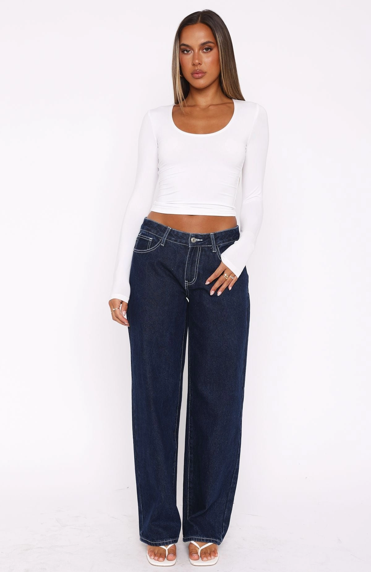Bring The Style Low Rise Wide Leg Jeans Dark Indigo Softened Denim Material Minimal Fashion