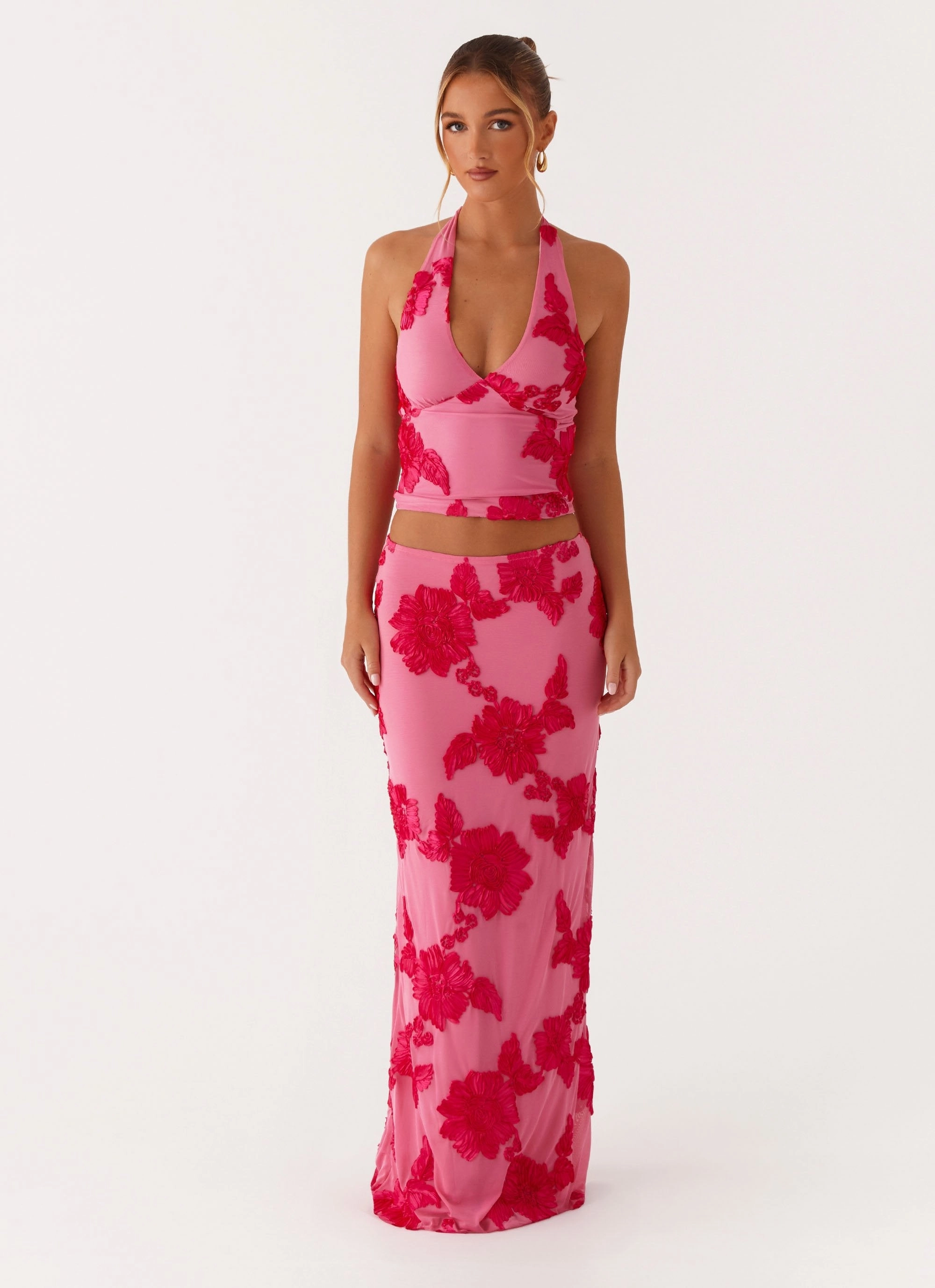 Fold Over Detail Stretchy Radiate Maxi Skirt - Pink