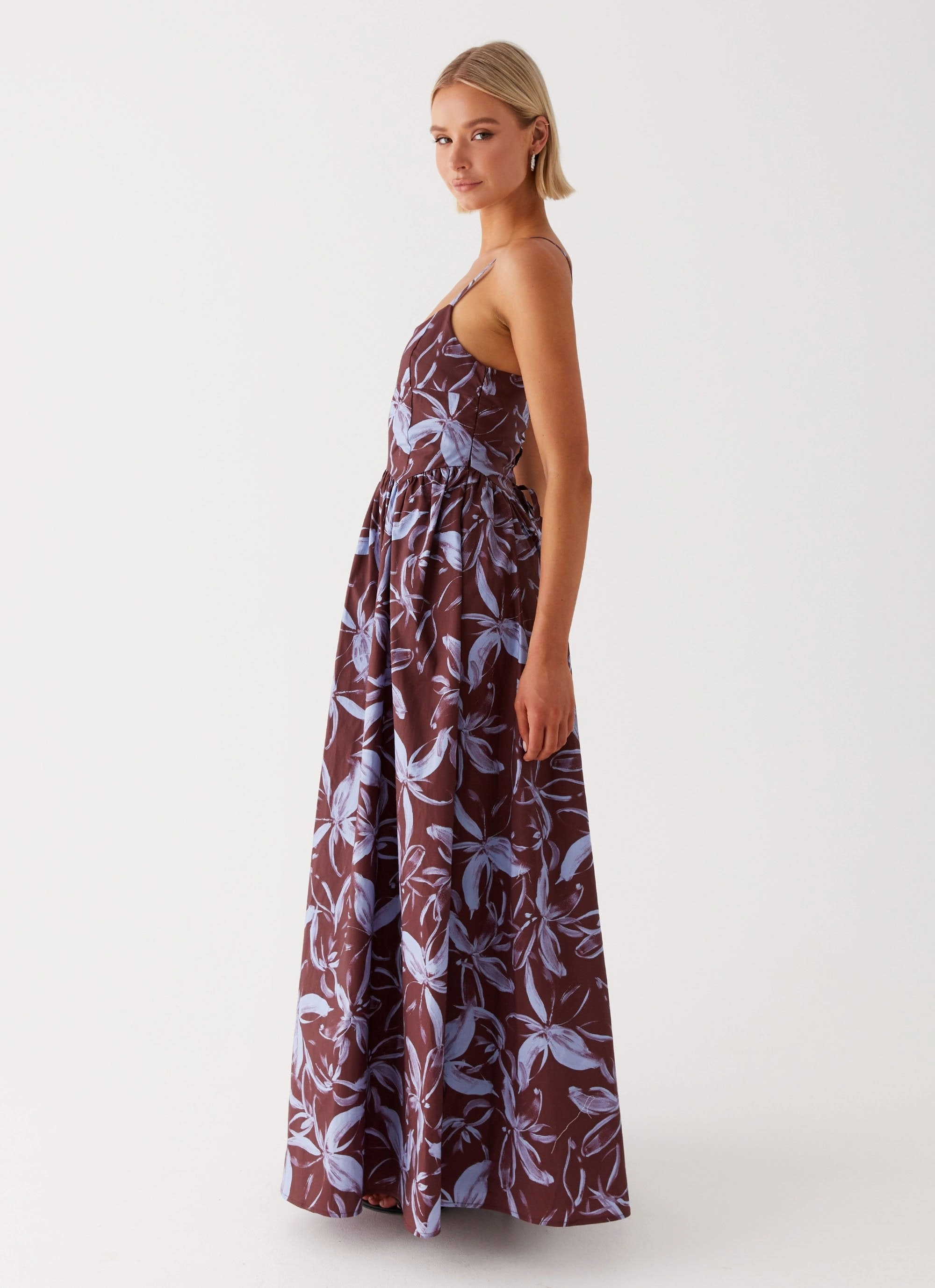 Tesoro Maxi Dress - Brown Purple Floral Sheer Overlay Feel Good