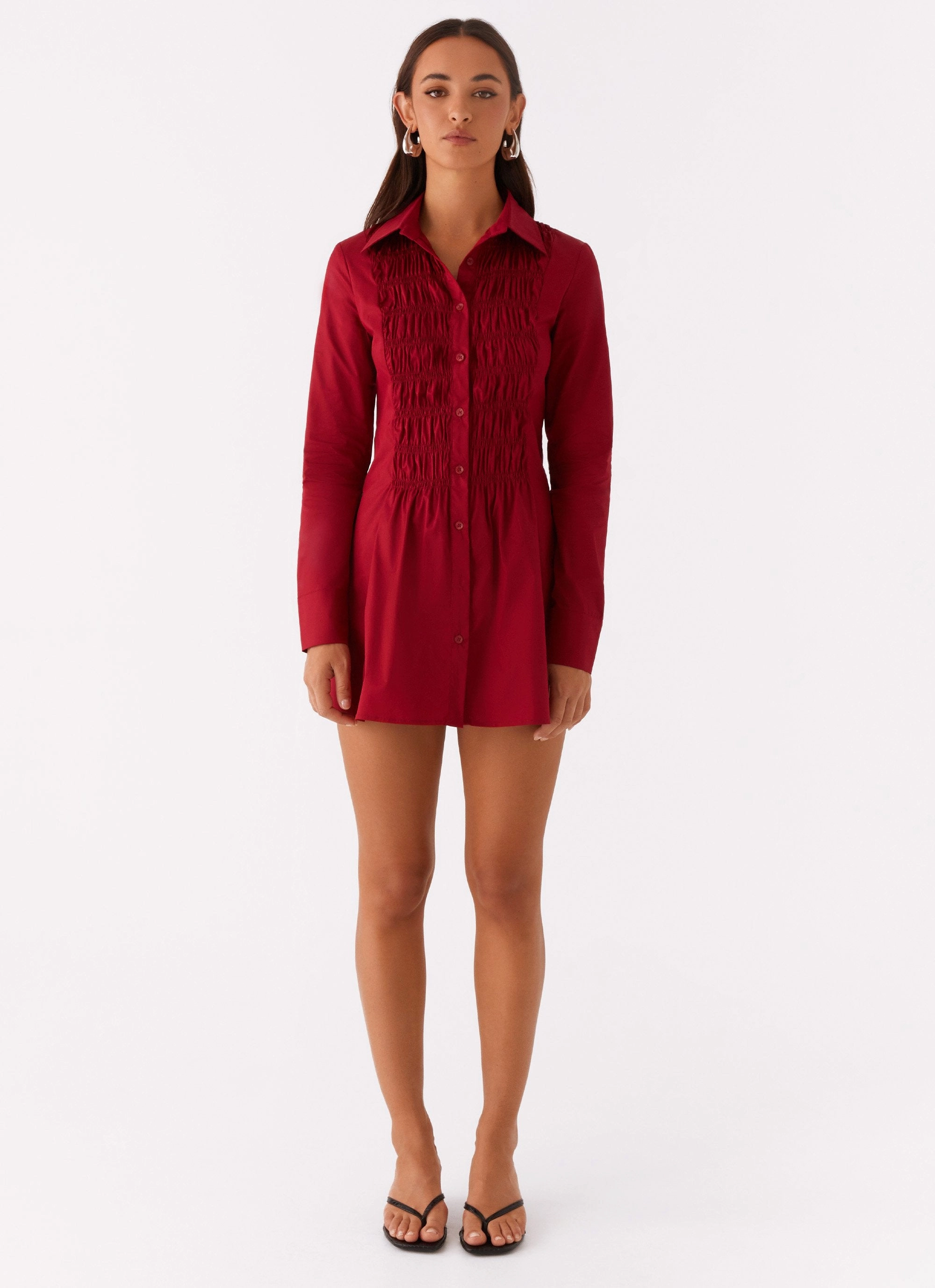 Chill Comfort AntiStaticMaterial Tessie Shirred Shirt Dress - Rhubarb