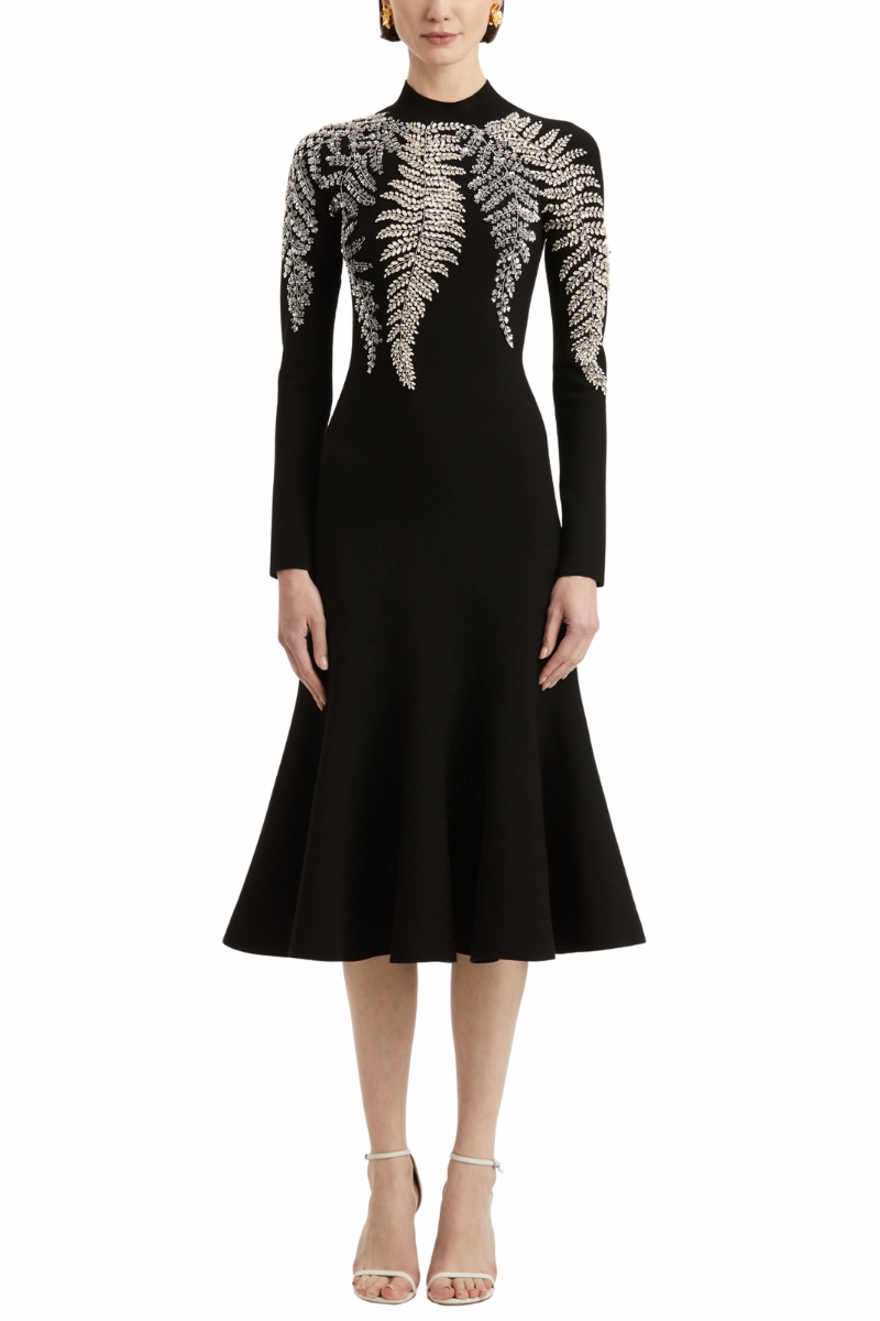 Simple Texture Fern Embroidered Trumpet Dress