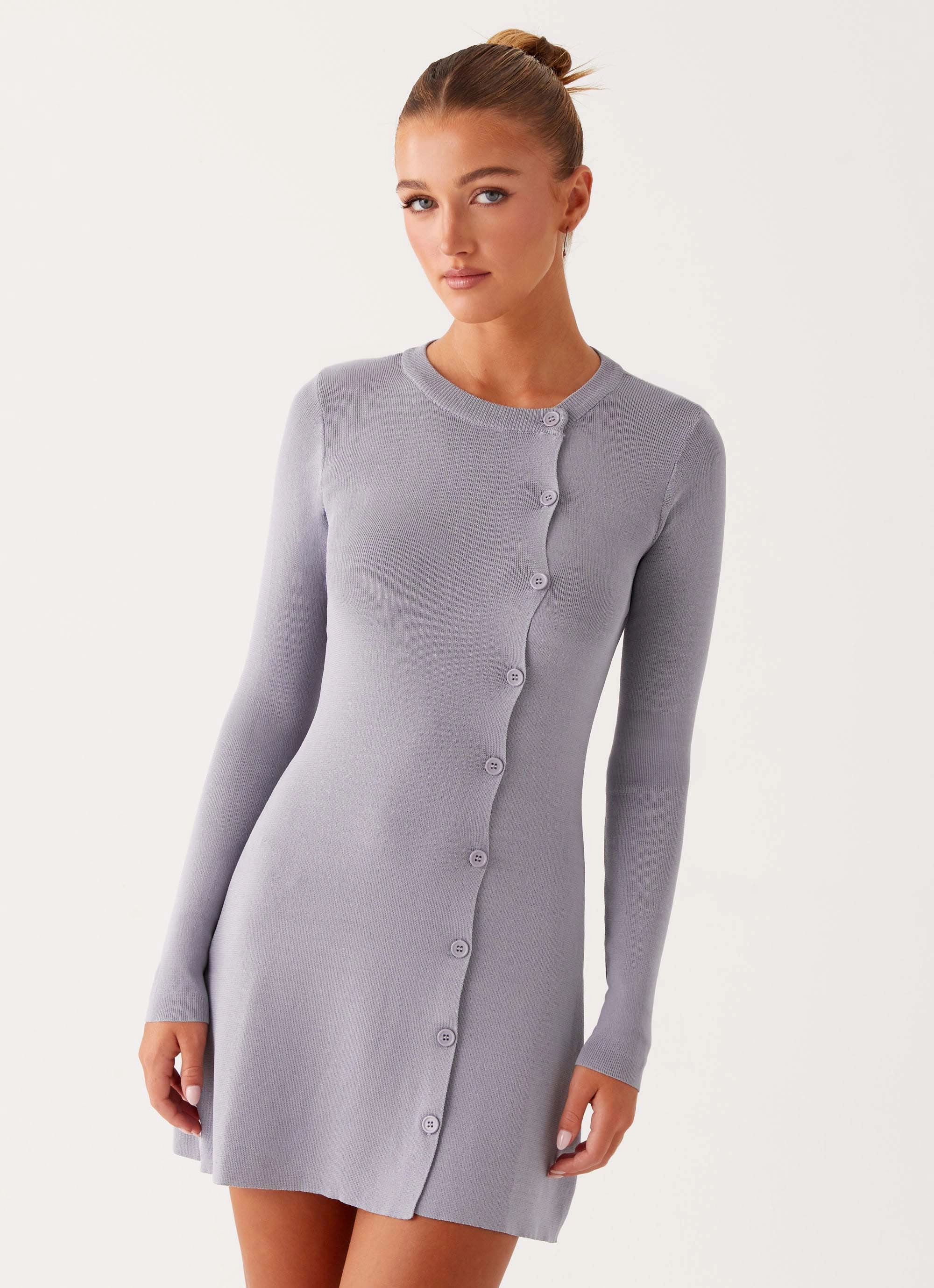 Spring Flow Not One Time Long Sleeve Knit Mini Dress - Grey