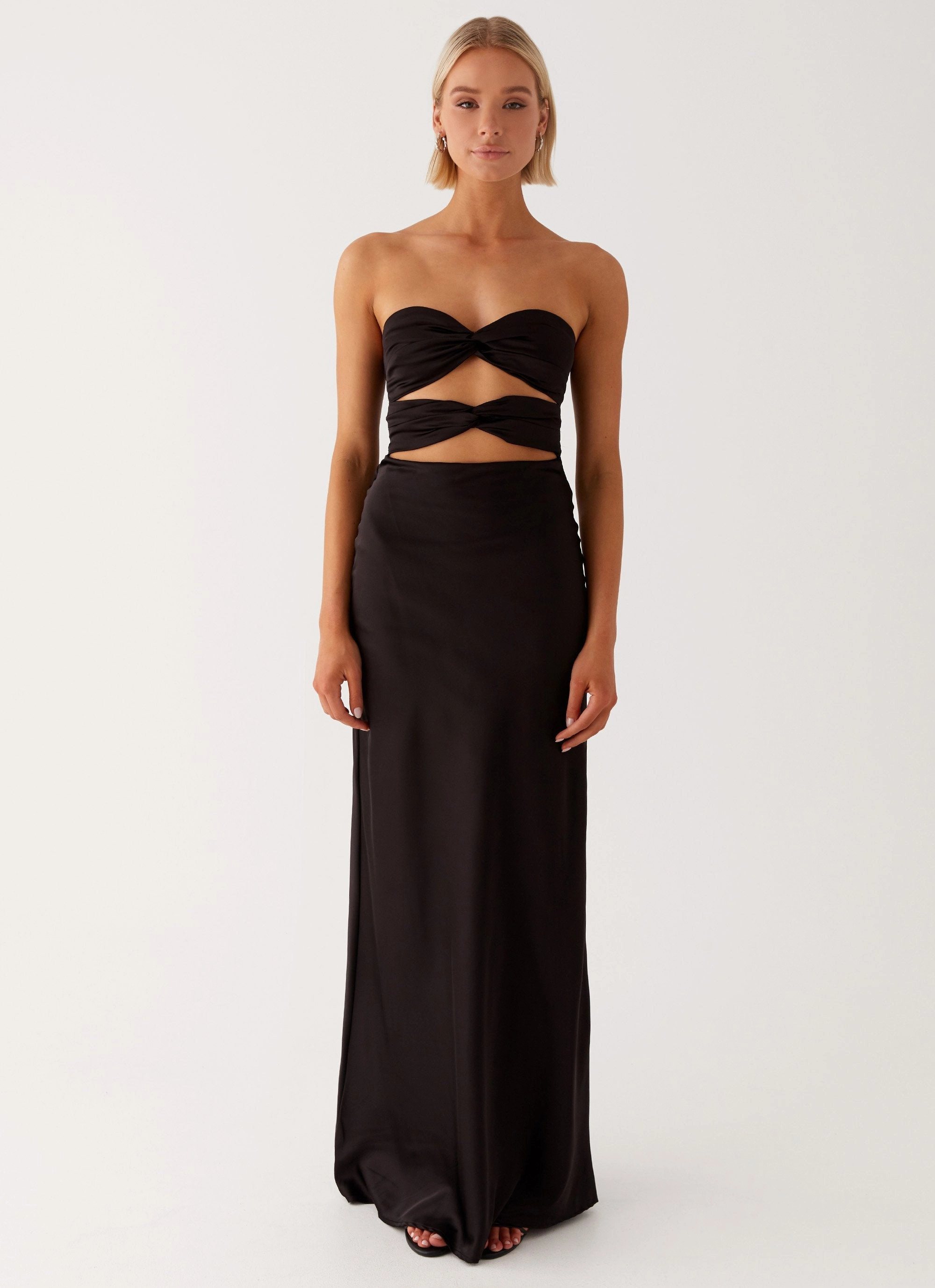 Tianna Strapless Maxi Dress - Black Fluid Cut Draped Layer