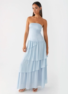 Shiny Zip Flowy Layers Our Story Maxi Dress - Pastel Blue