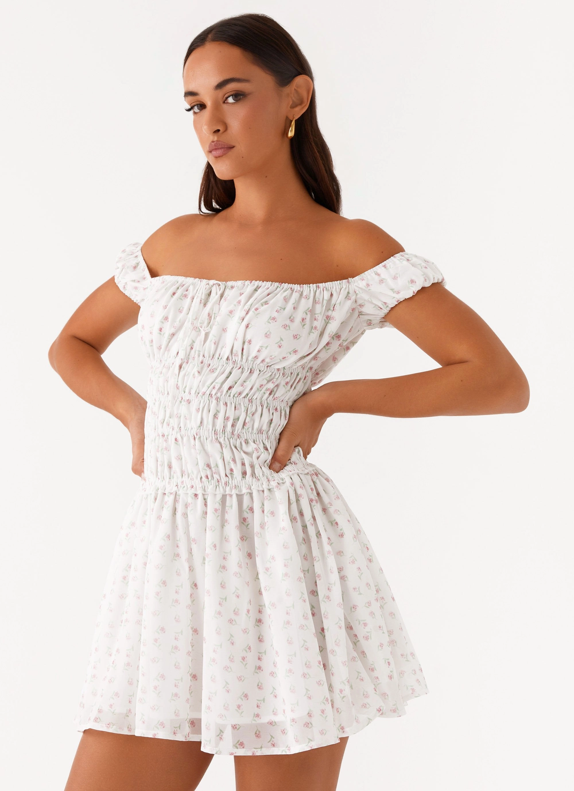 Sheer Layer Smooth Feel Total Bliss Shirred Mini Dress - White Floral