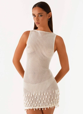 Subtle Look Modern Silhouette Miracle Beaded Crochet Mini Dress - Ivory