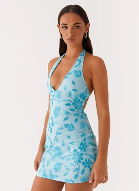 Summer Fashion Timeless Fit Look Merida Halterneck Beaded Mini Dress - Blue