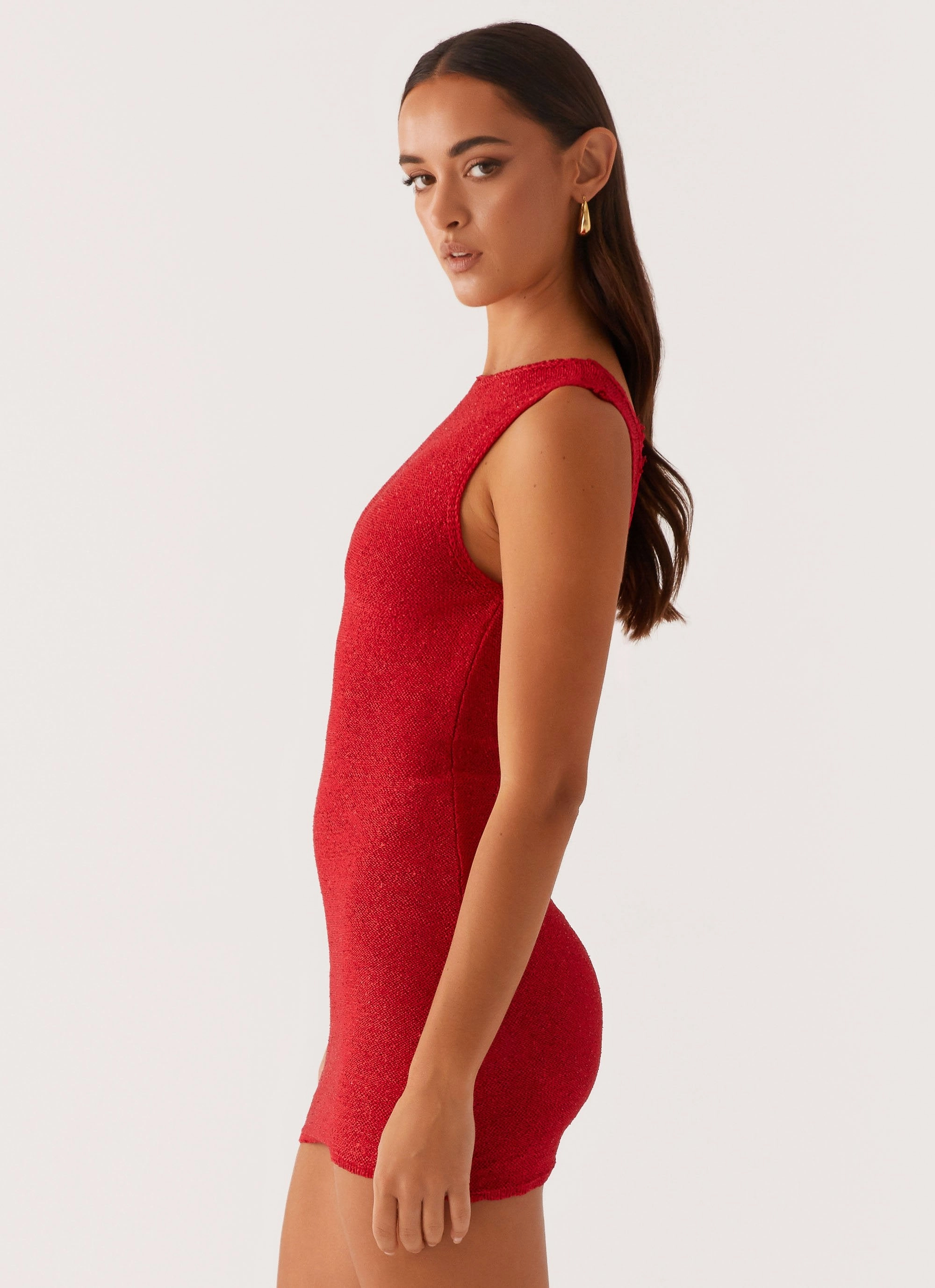 Take Five Summer Knit Mini Dress - Red ConvertibleNeckline
