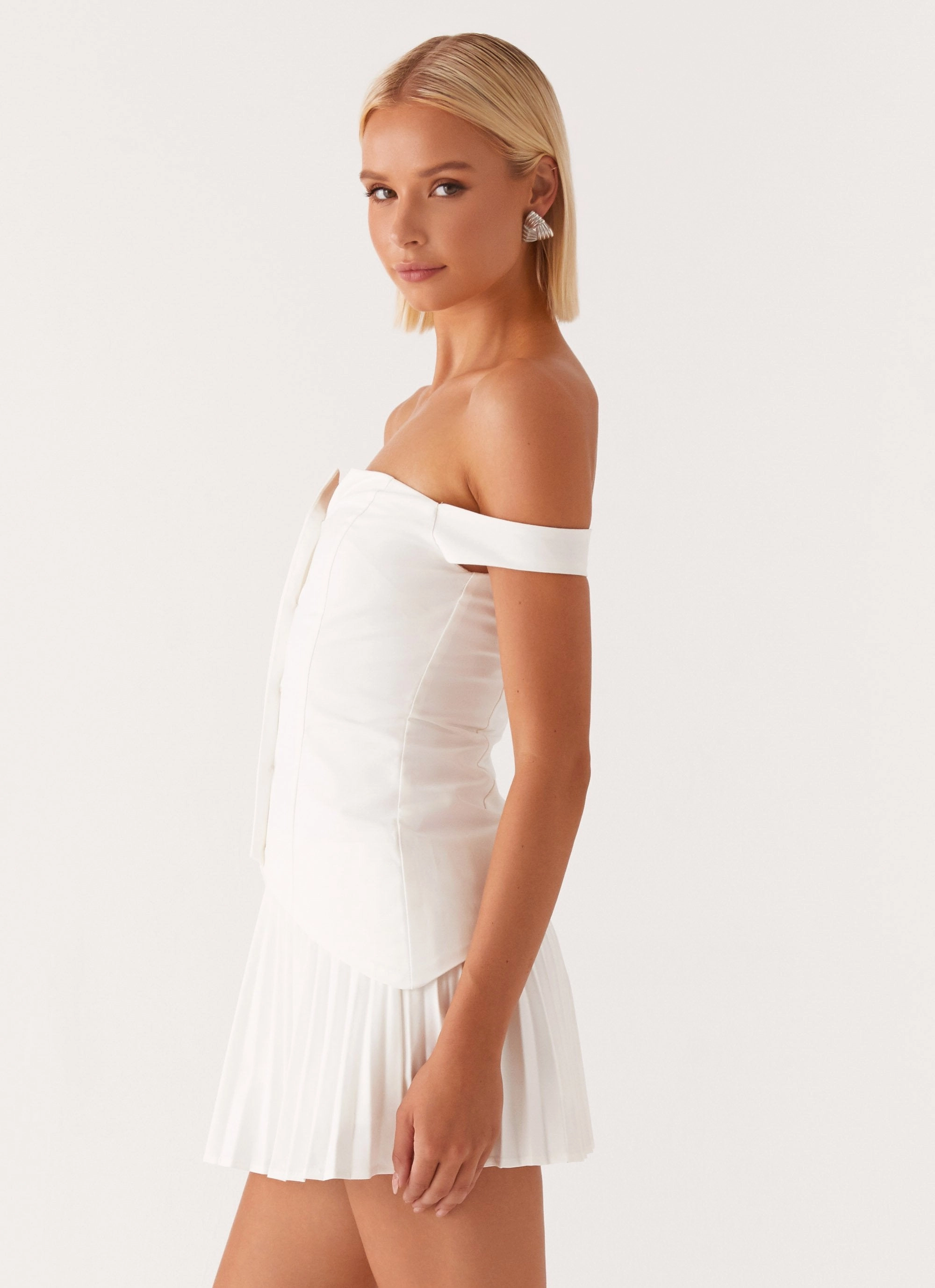 BreathableLining Timeless Waistband Fit Twisted Skies Off Shoulder Mini Dress - Off White