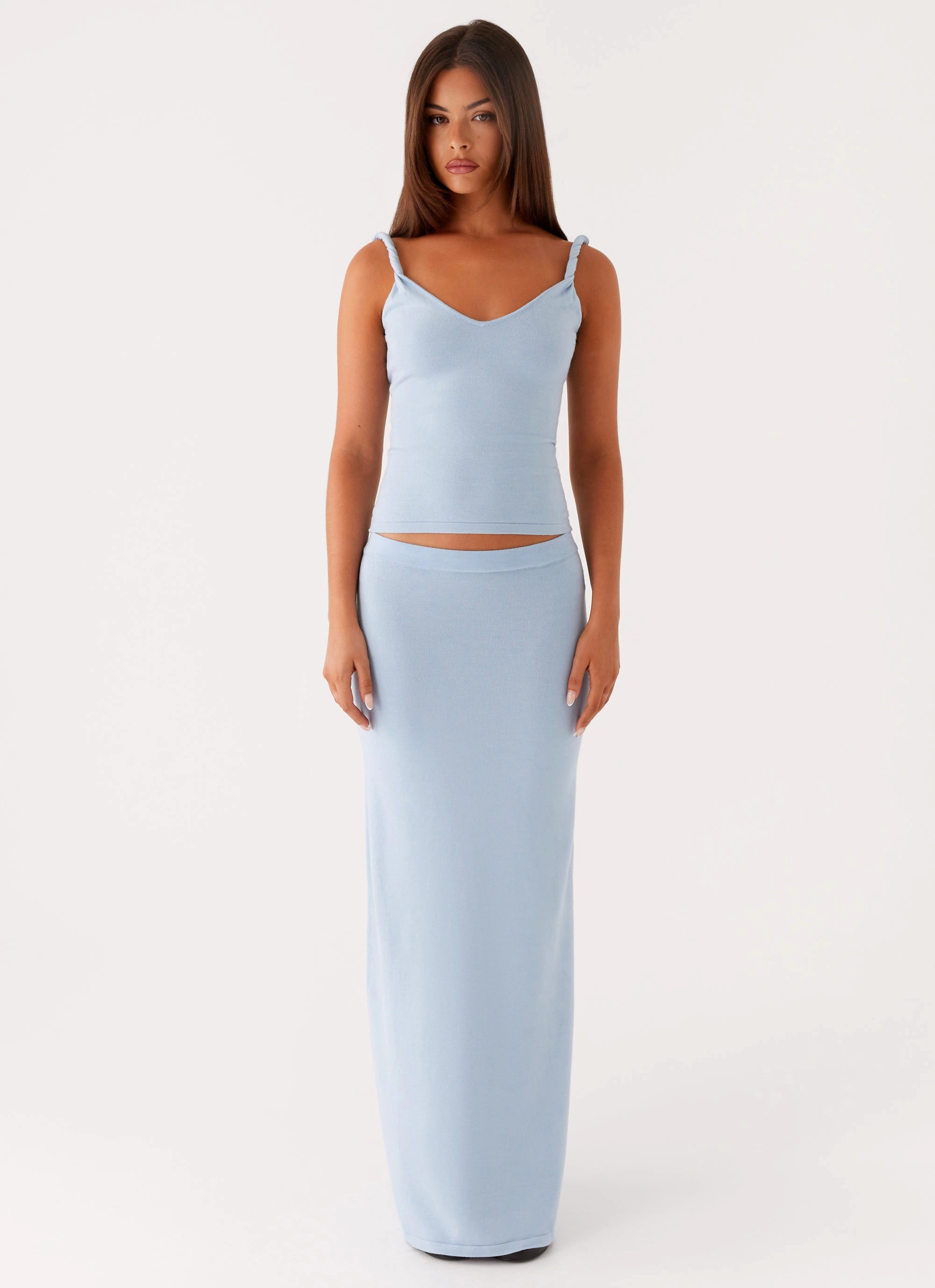 Front Slit Flexible Comfort Anastasia Knit Maxi Skirt - Blue