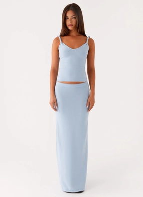 Front Slit Flexible Comfort Anastasia Knit Maxi Skirt - Blue