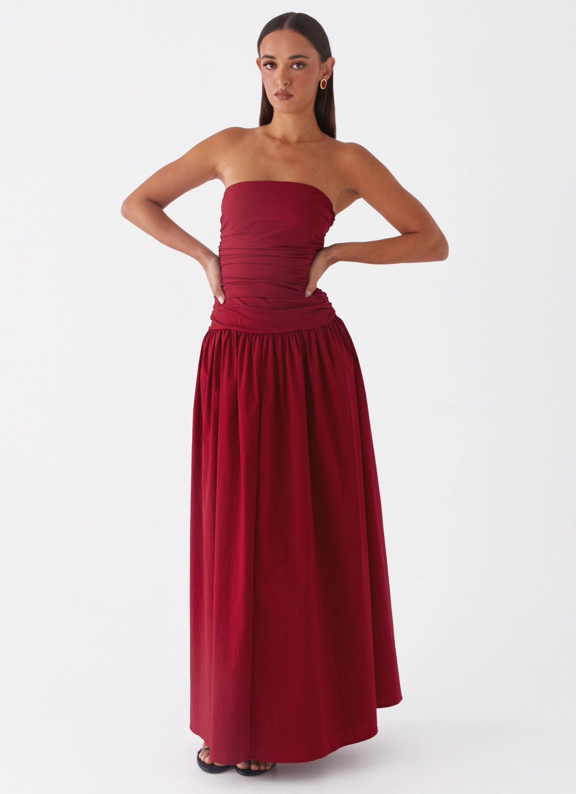 Carmel Maxi Dress - Merlot Perfect Waistband Feminine off-the-shoulder gown