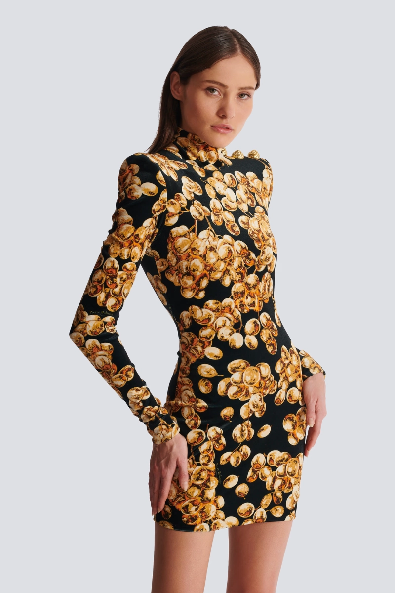 Farm Scene Bold Cut Grape Print Velvet Dress