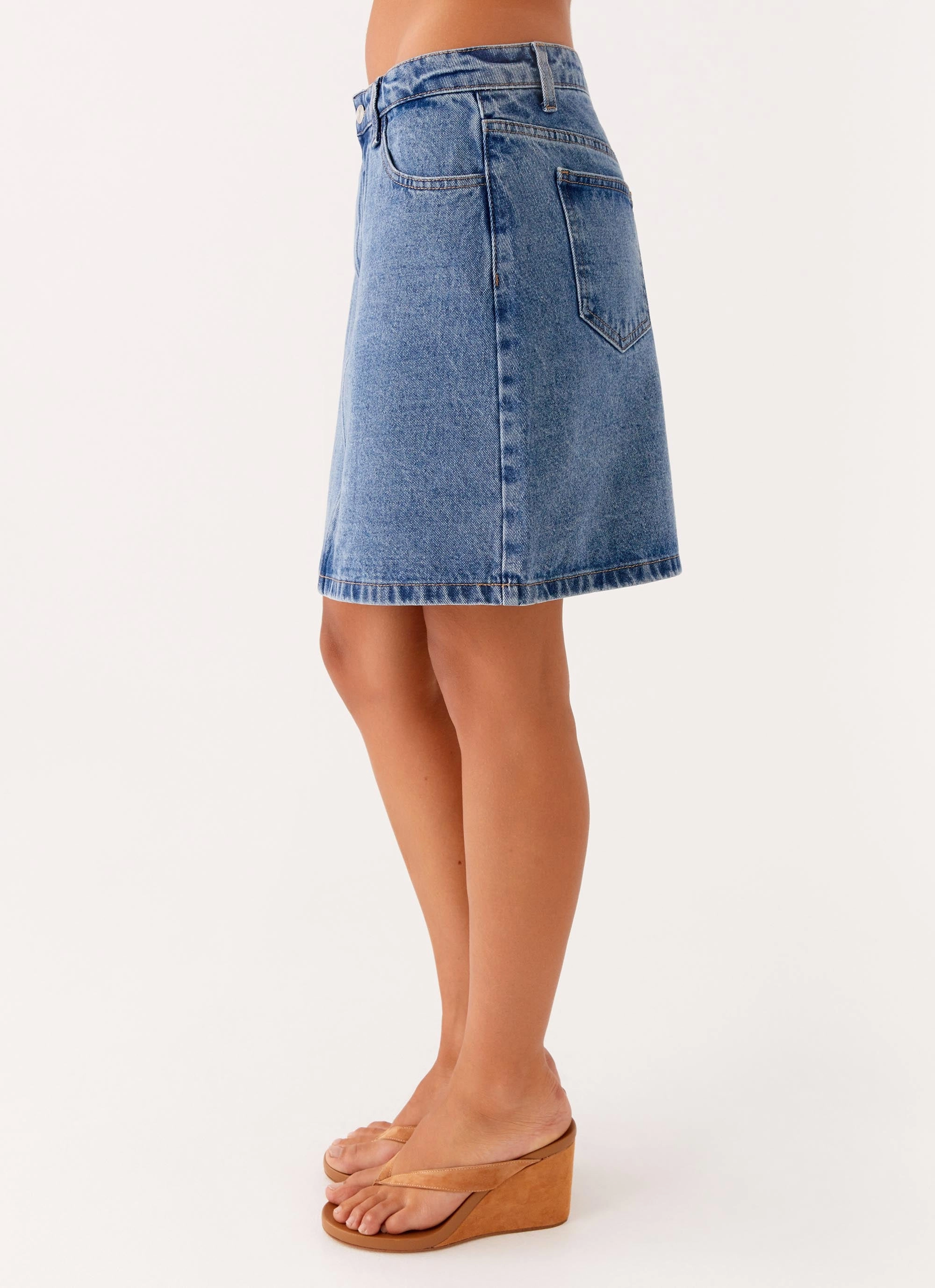 Button Details Simple Layer Stella Low Rise Mini Skirt - Blue