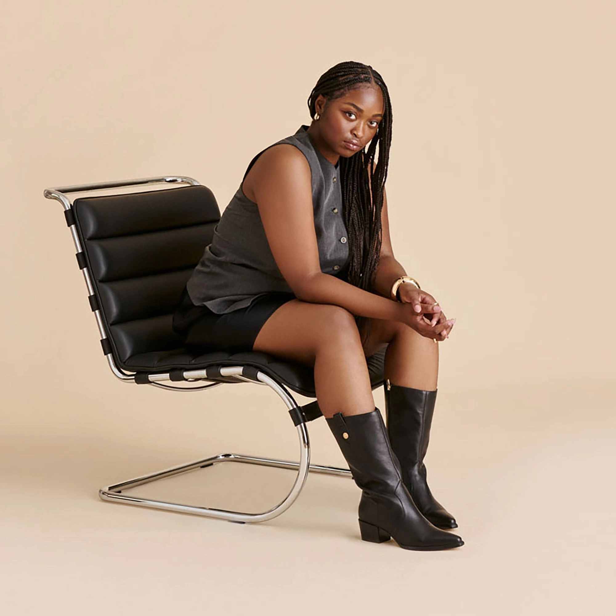 VERN WIDE CALF BOOTS BLACK LEATHER Anti-odor technology Canvas Upper